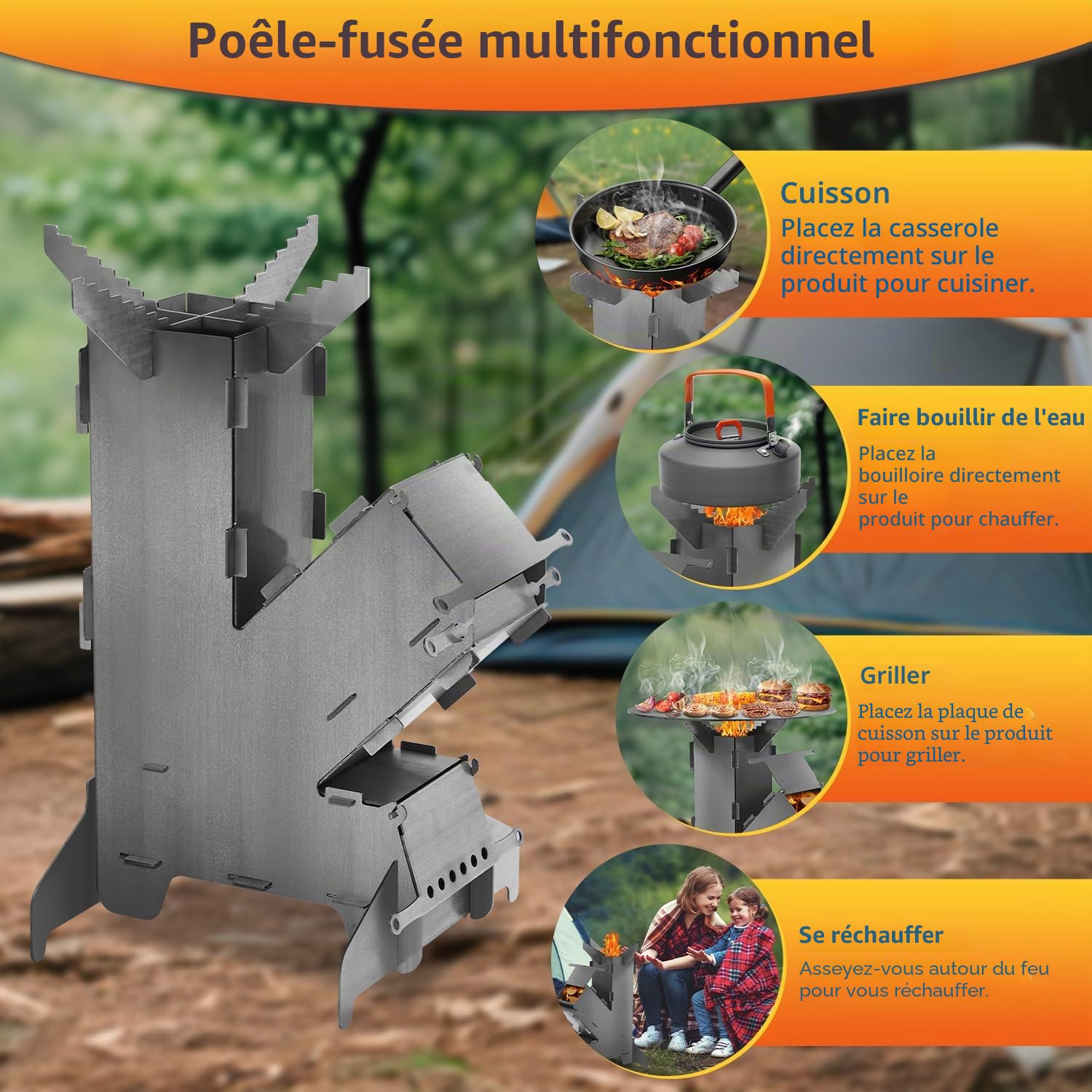 Eulenke Poêle à fusée avec plaque de cuisson et crochet de feu, système d'emboîtement Rocket Stove en acier de 3 mm d'épaisseur, poêle à fusée, poêle à bois, réchaud de camping, poêle à canon pour