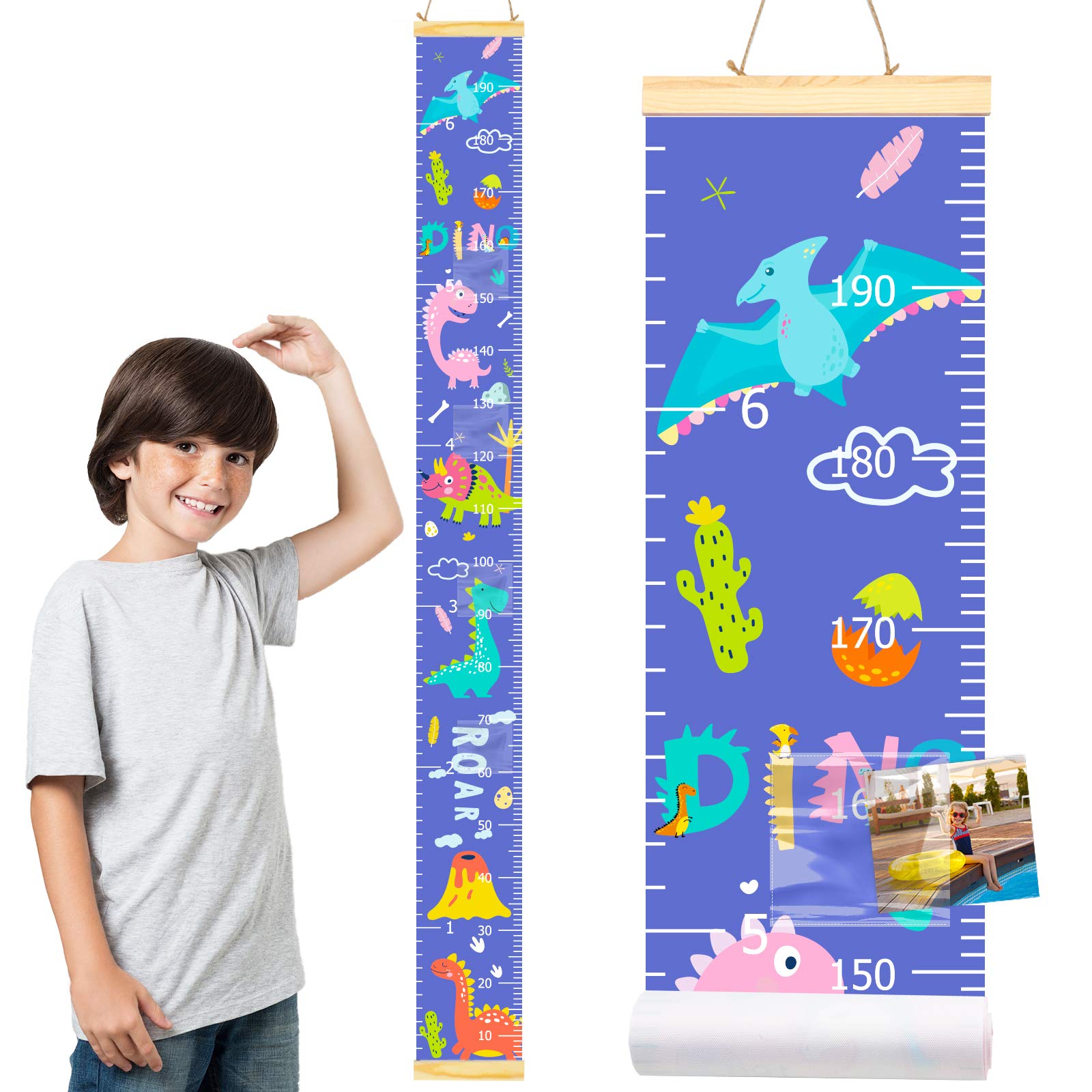 Baby Growth Chart with Photo Pockets, Unicorn Dinosaur Kids Hanging Height Measurement Ruler, Nursery Bedroom Decoration for Toddlers Girls Boys (Blue Dino)