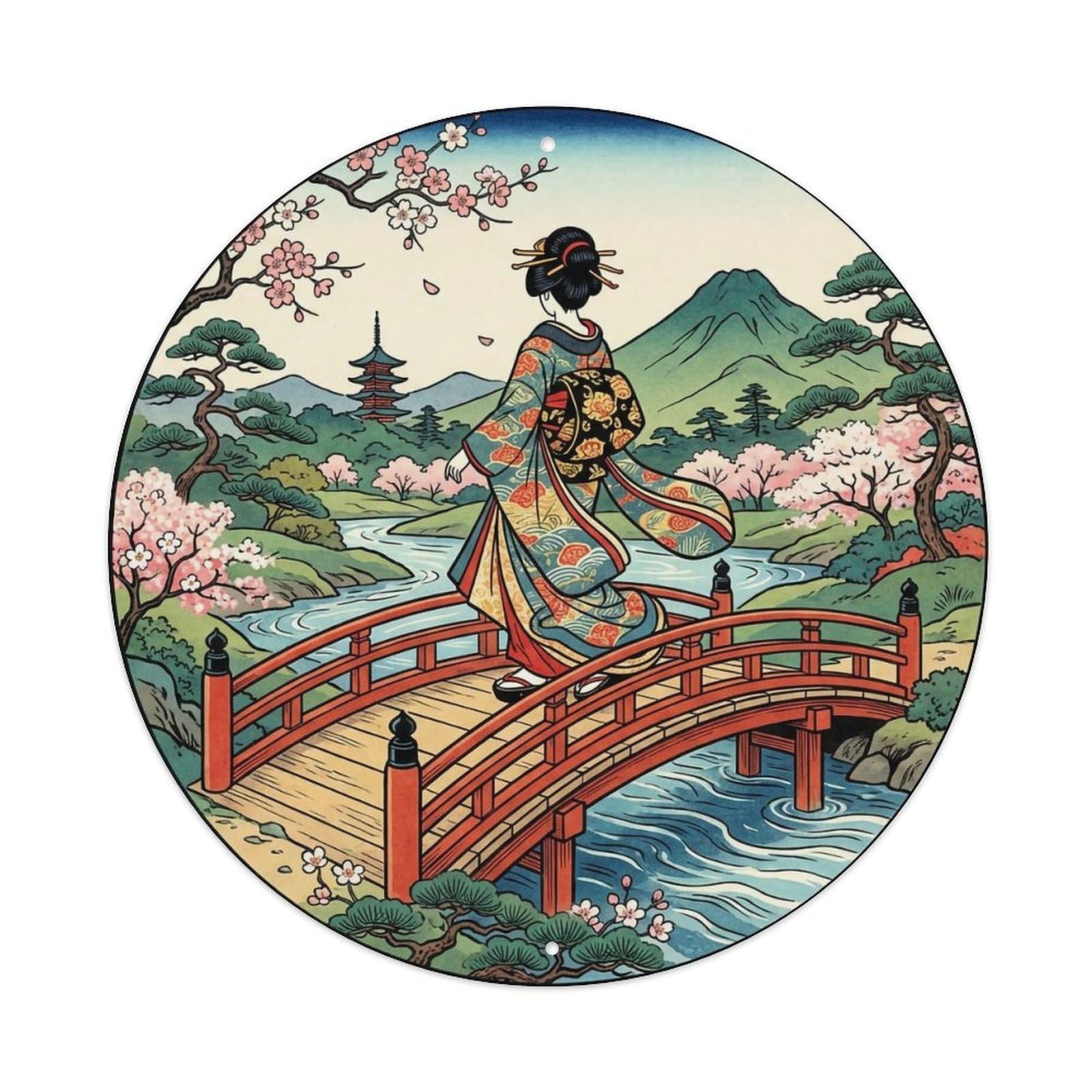 Japanese Geisha Crossing Bridge Walking Metal Tin Sign