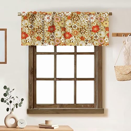 Miniatura 44 de Cortina de cenefa floral de los años 70, diseño retro con estampado de flores amarillas y verde lima, estilo de los años 70 y 60, cenefa con 70