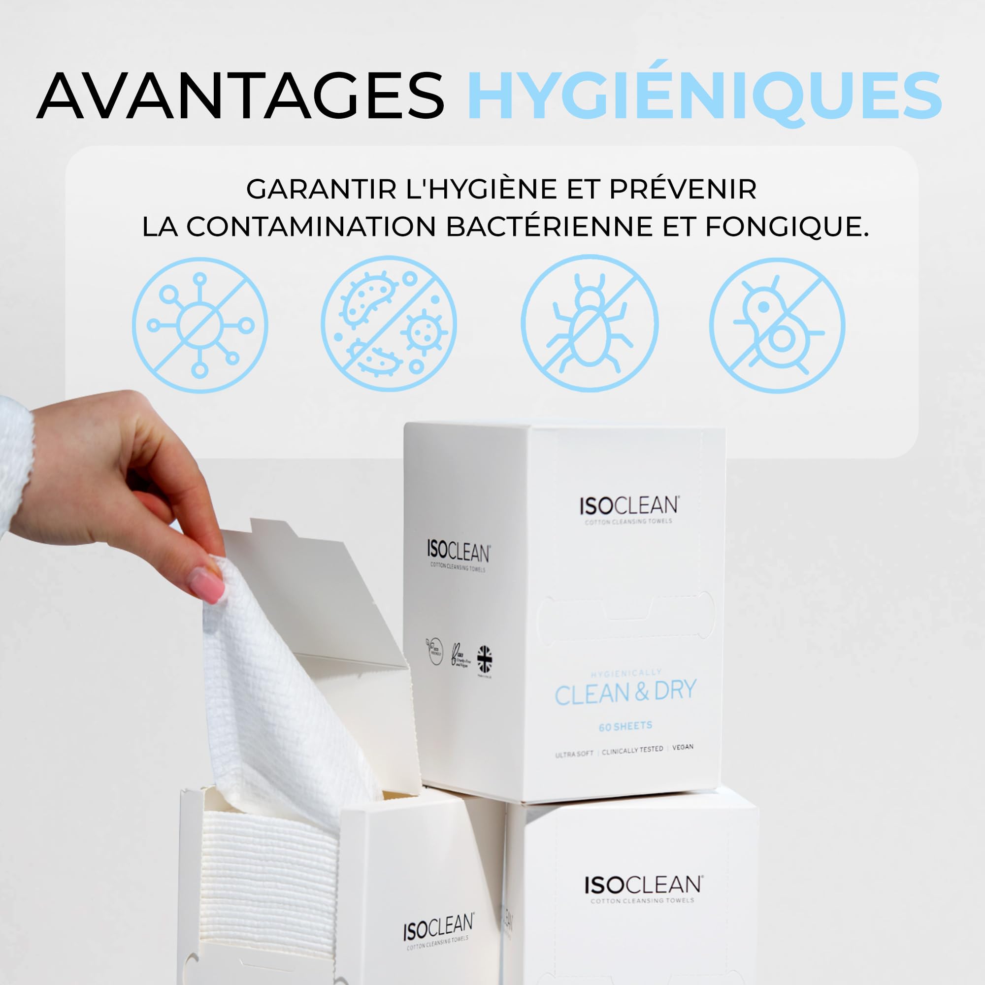 ISOCLEAN Lingettes Visage Jetables - Lingettes en Coton Doux pour Démaquillage, Nettoyage du Visage - Double Texture, Serviette Douce pour Peaux Sensibles, Sans Parfum - Boîte de 60