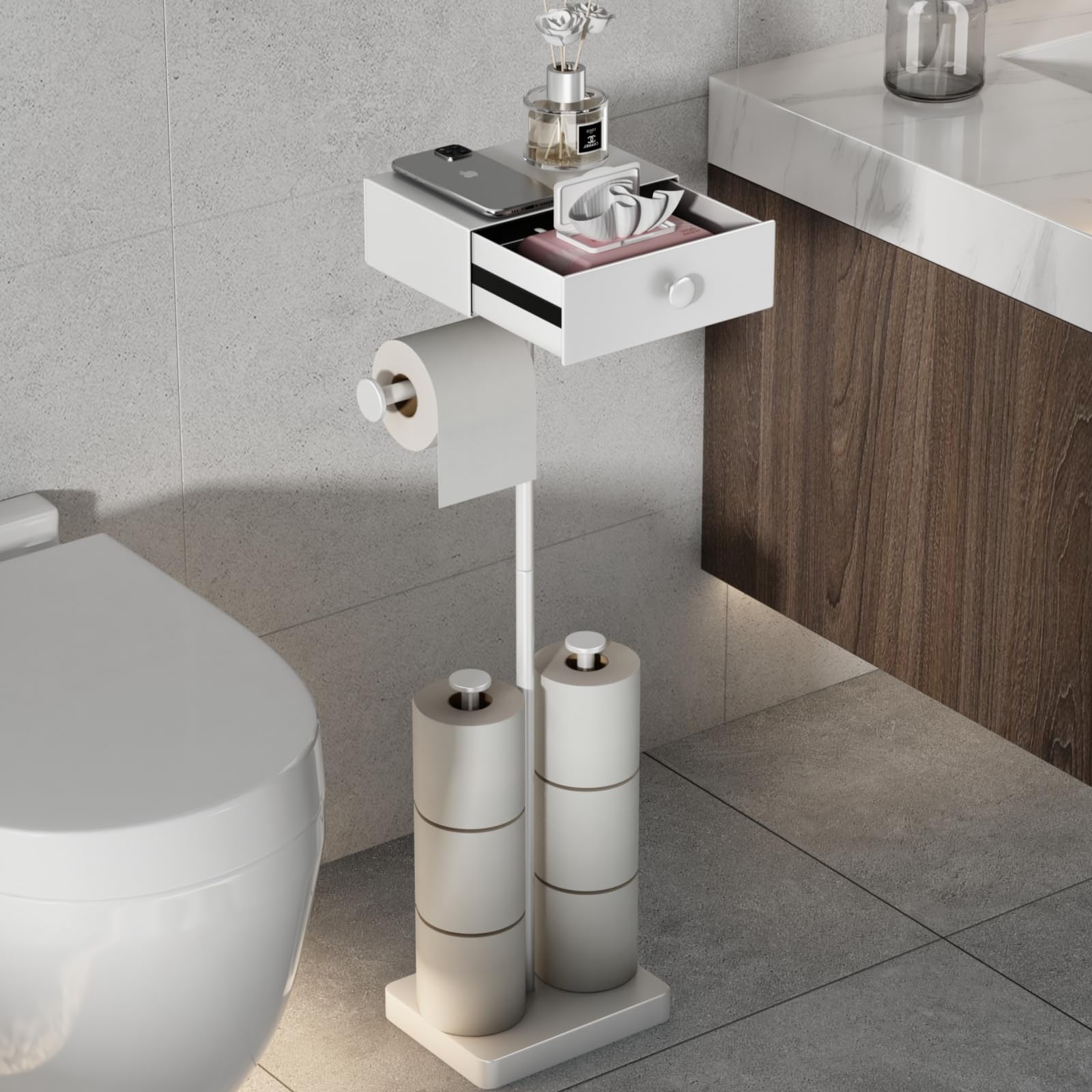 VOLDRA Toilettenpapierhalter Stehend Klopapierhalter Ohne Bohren Klopapier Mit Schublade Aufbewahrung Klorollenhalter Wc Papier Halterung Klorollenhalter Stehend Wc Rollenhalter Für 7 Rollen(Weiß)