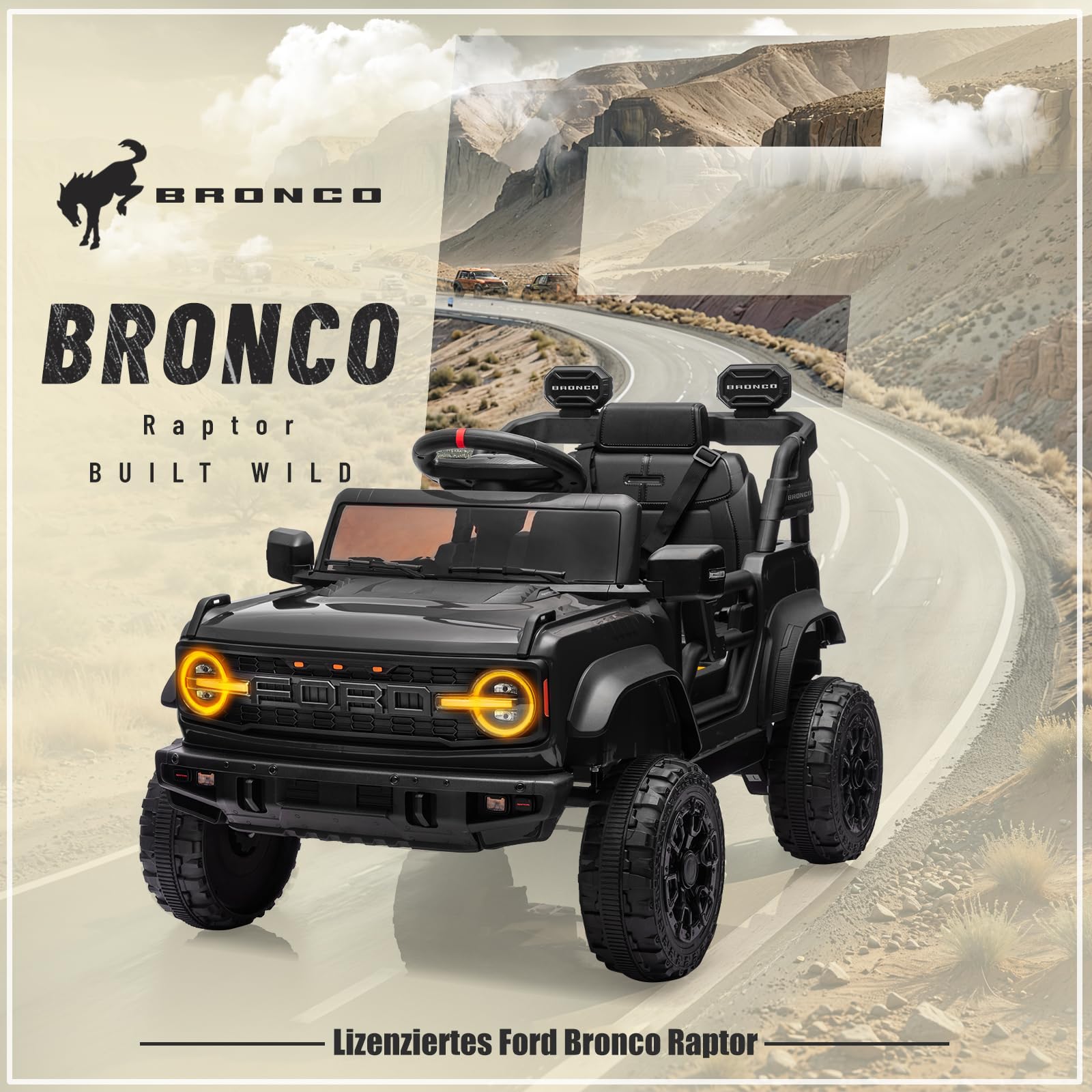 12V Kinder Elektroauto, Lizenziertes Ford Bronco Raptor Elektrofahrzeug, Auto mit Fernbedienung, 4-Rad-Federung, LED-Licht, Bluetooth, 3 Geschwindigkeiten (Schwarz)
