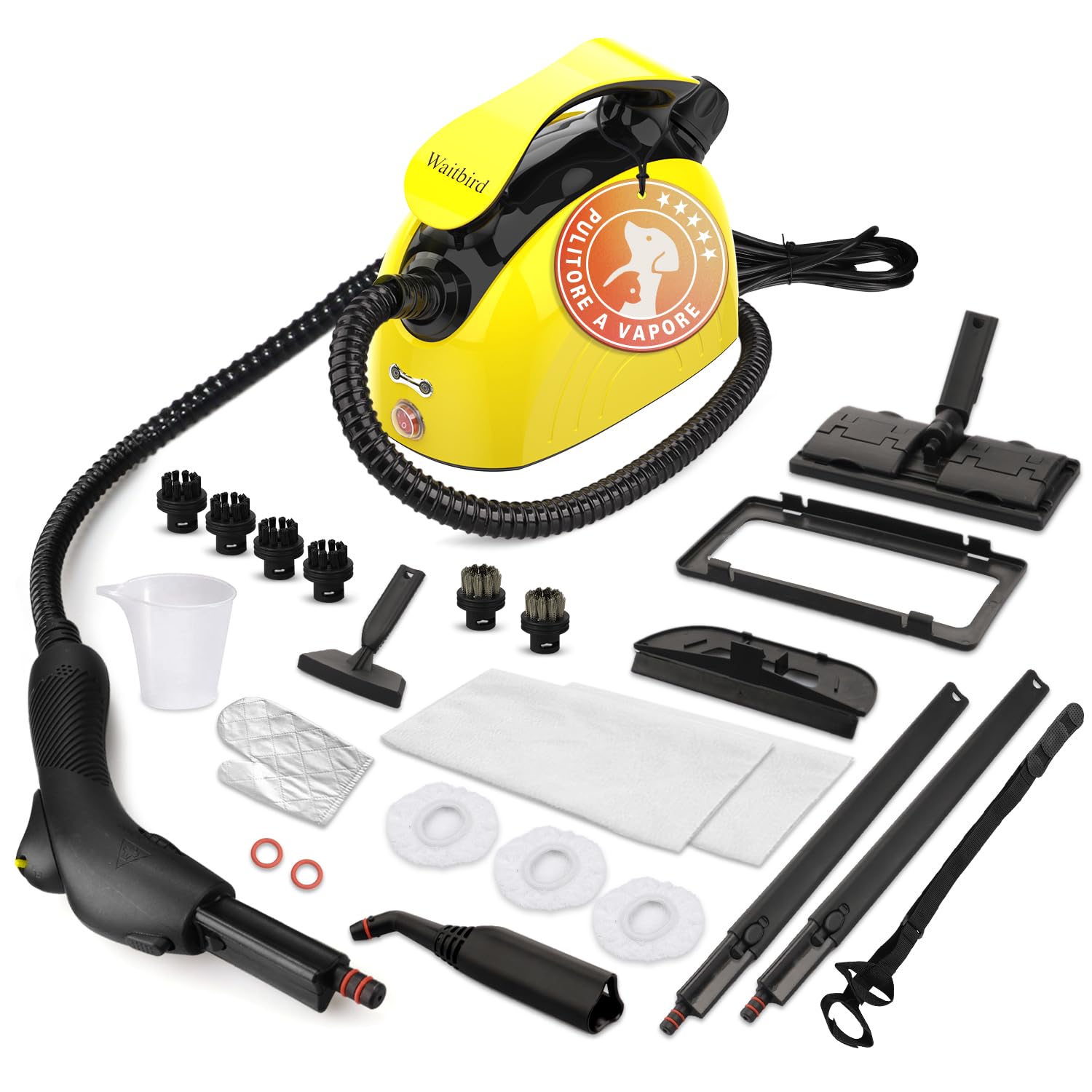 Waitbird Pulitore a vapore con 21 accessori, 248°F, vapore ad alta temperatura, grande serbatoio d'acqua da 1,1 l, multiuso, ideale per la pulizia di pavimenti, divani, vetri, cucina, WC