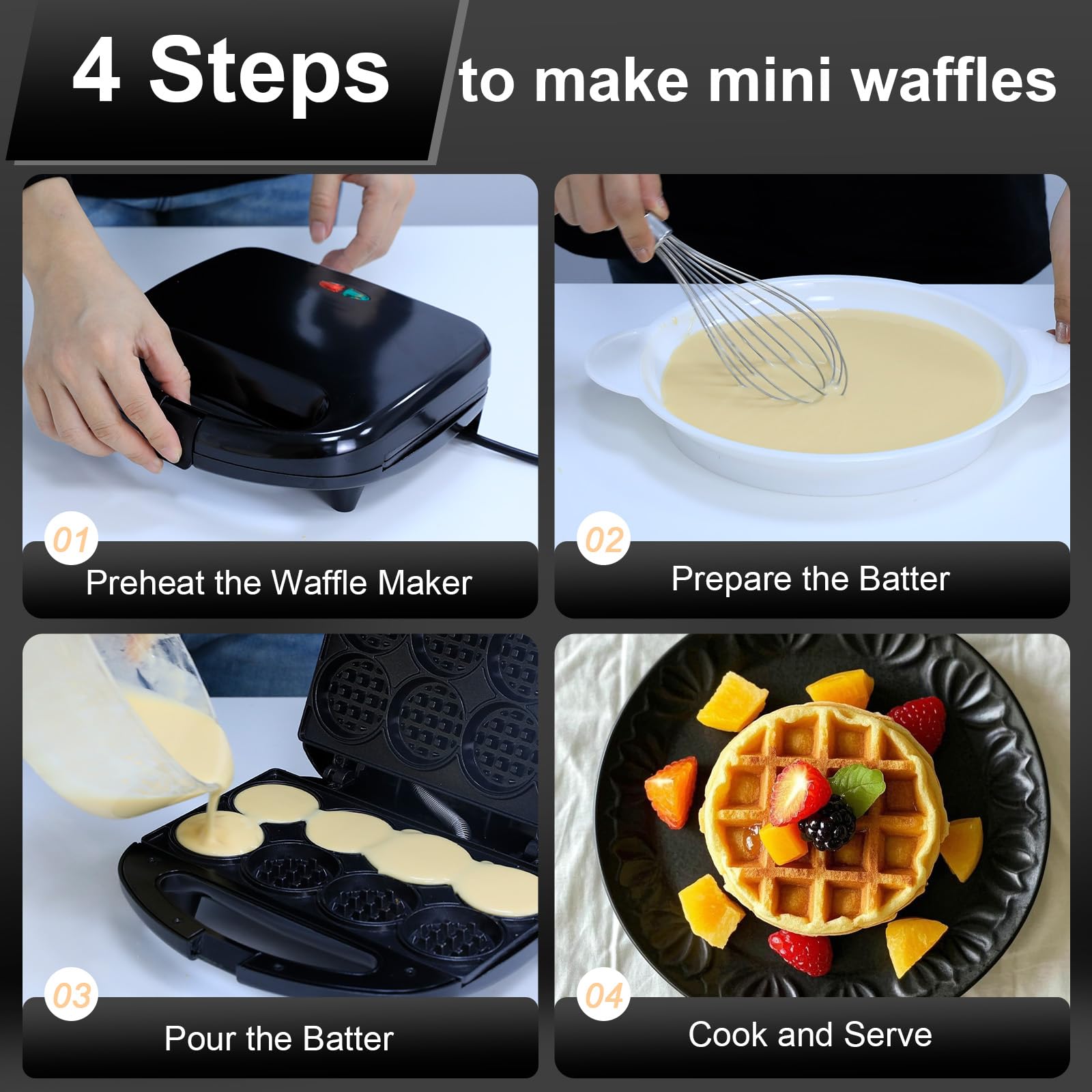 YASHE Mini Wafelijzer, bakt 8 wafels van 5 cm, antiaanbaklaag, compact ontwerp, gemakkelijk schoon te maken, ideaal voor ontbijt, gezinnen en feestjes