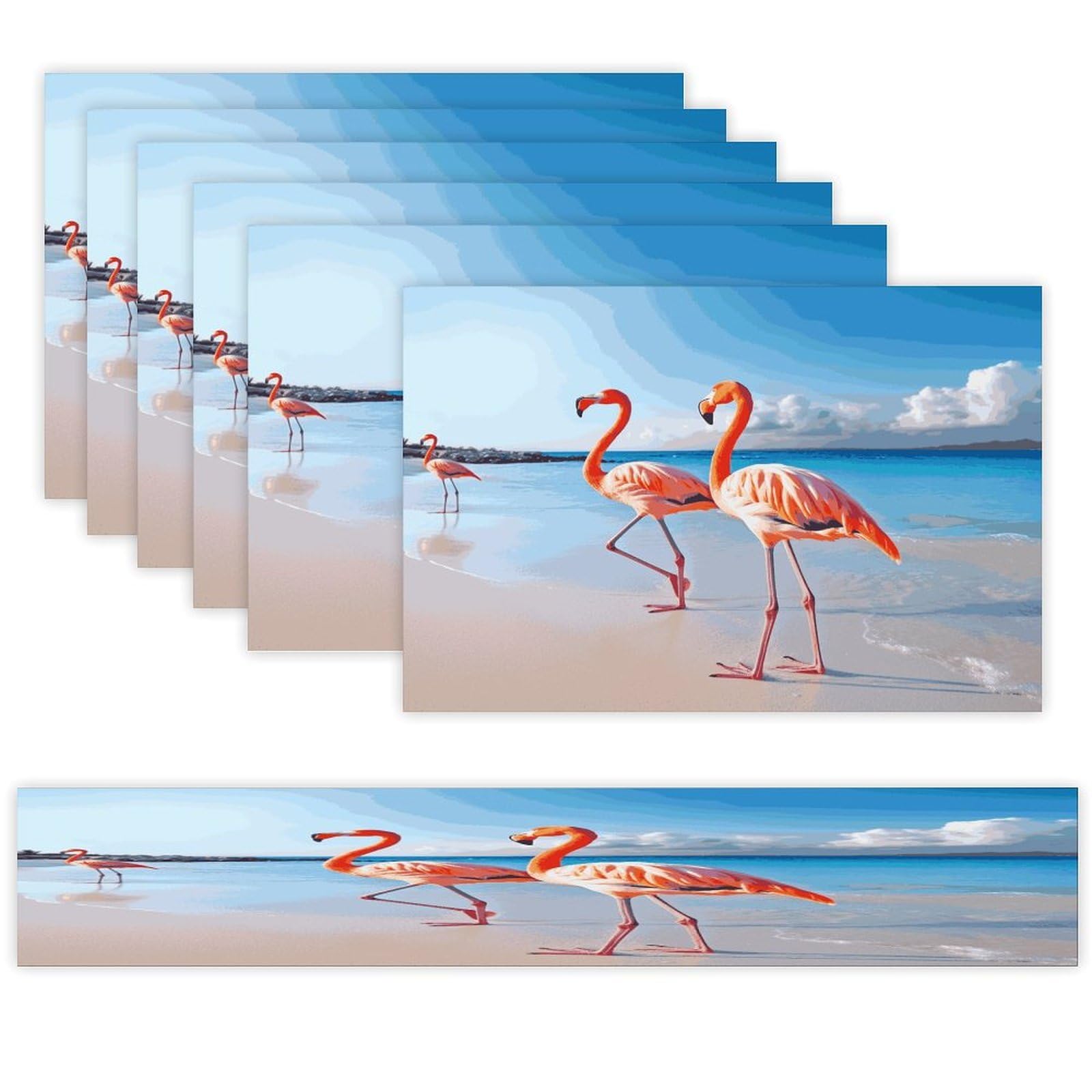 Pink Flamingo on Beach Table Runner and Placemats Set of 6 Modern Art Table Runners Table Mats Heat Resistant Non-Slip Place Mats Washable Linen Dining Mat Sets for Kitchen