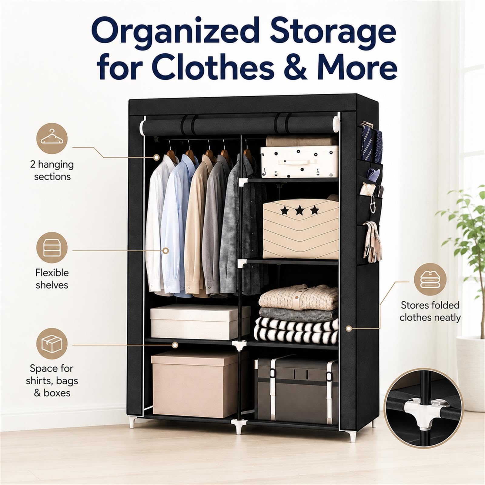 GOOGO Armoire en tissu, armoire portable 90 x 45,5 x 172 cm avec 2 zones de suspension, étagères réglables, 6 poches latérales et housse à fermeture éclair, pour chambre à coucher et appartement (noir