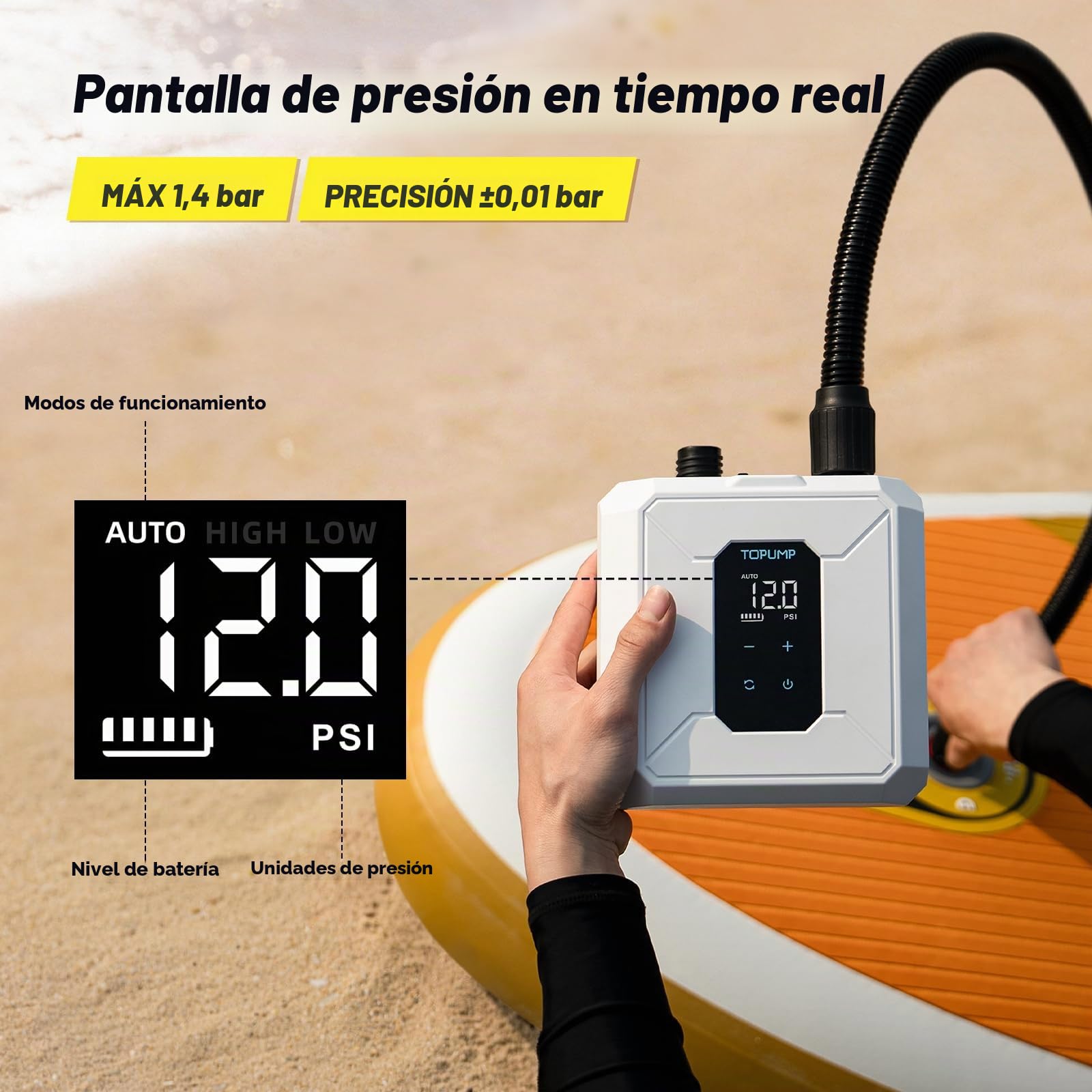TOPUMP Bomba Eléctrica Padel Surf 20PSI Recargable | Batería, portátil, inflado y desinflado, doble etapa, apagado automático, para paddle surf, kayak, cometa, tienda hinchable
