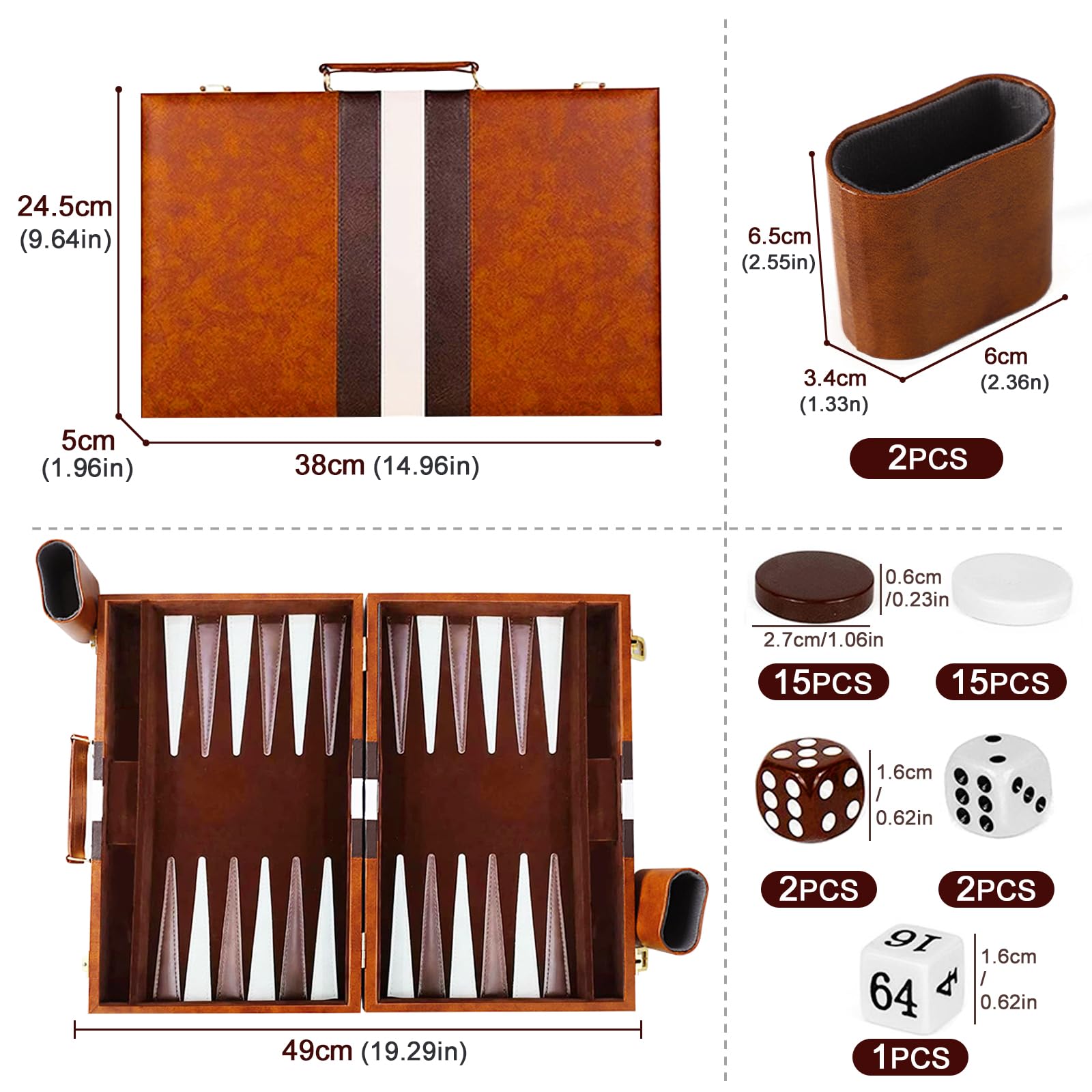 YZNlife Backgammon Set 2 players Classic Backgammon Board Game with Premium Leather Case,Portable and Travel Backgammon Set for kids and Adults (15 Inch) - Image 2