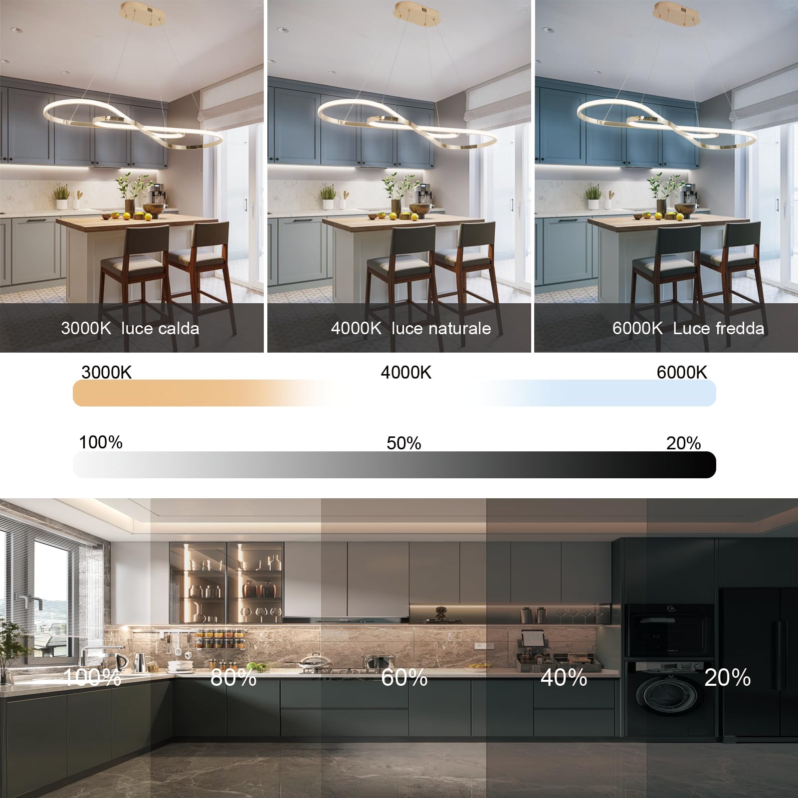 Lampadario Led Sospensione, Lampadario Moderno, 57W, Lampadario Sala da Pranzo, Dimmerabili, Regolabile in Altezza, per Sala Da Pranzo,Cucina (oro)