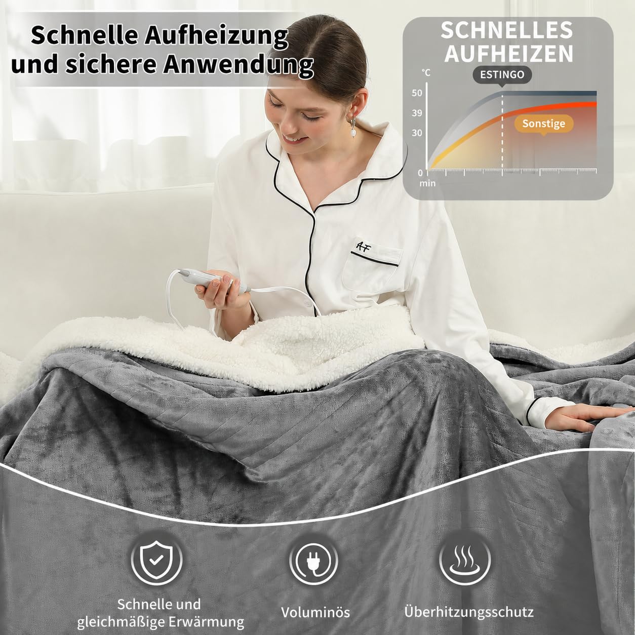 ESTINGO Coperta Elettrica 180x130cm, Termocoperta Morbida, Spegnimento Automatico, 6 Livelli, Timer 10h, Protezione Surriscaldamento, Lavabile, Riscaldamento Rapido, Regalo Natale, Grigio