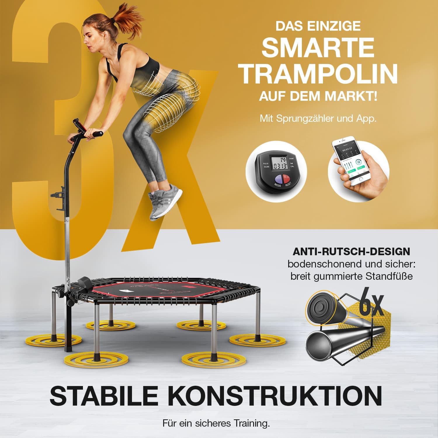 Sportstech HTX100 Trampolin, klappbar | Deutsche Qualitätsmarke | Fitness Trampolin mit Haltegriff | Indoor Jumping für Kinder und Erwachsene | Sprungzähler, APP