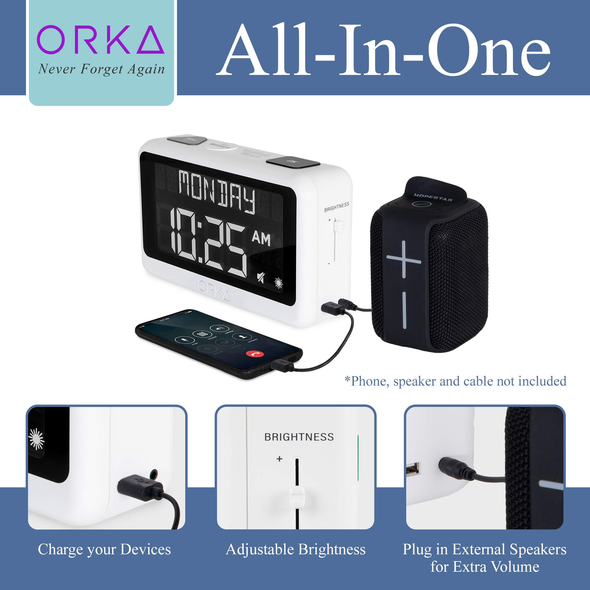 ORKA Talking Clock for Seniors 2021. Voice Recordable. Very Large Loud Digital Day Alarm Clock Dementia 8" Display 8 Alarms Date,Day & Time Medication Reminder Elderly Hearing Impaired Talking Madi