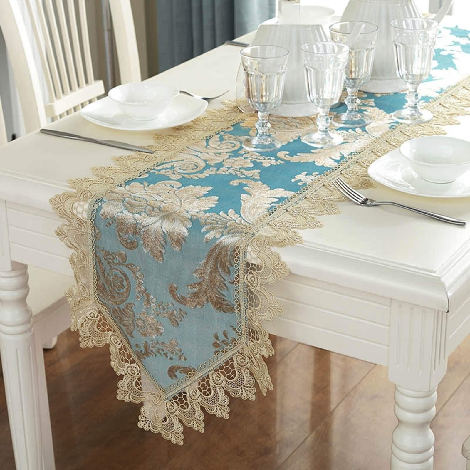 Tischläufer Hochzeit Vintage, Tischläufer Spitze Abwaschbar Pfauenblau 40x280CM Dreieck-Stickmuster Polyester Tischdeko Wohnzimmer Küche