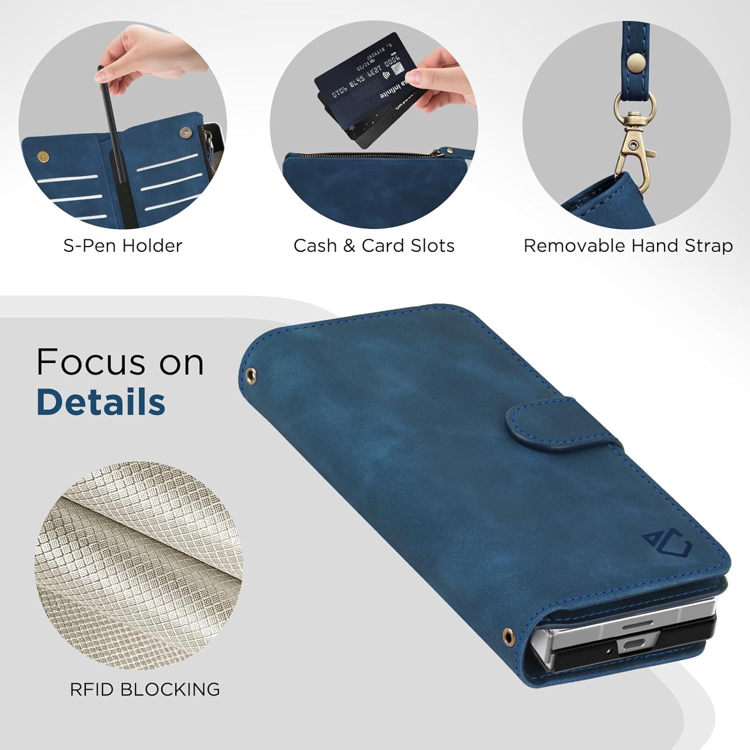 for Samsung Galaxy-Z-Fold-6 Wallet Case: with RFID Blocking Card Slots (6 Cards) & Hidden S Pen Holder | Soft PU Leather Magnetic Snap Zipper Wrist Strap Protective Phone Cover - Blue