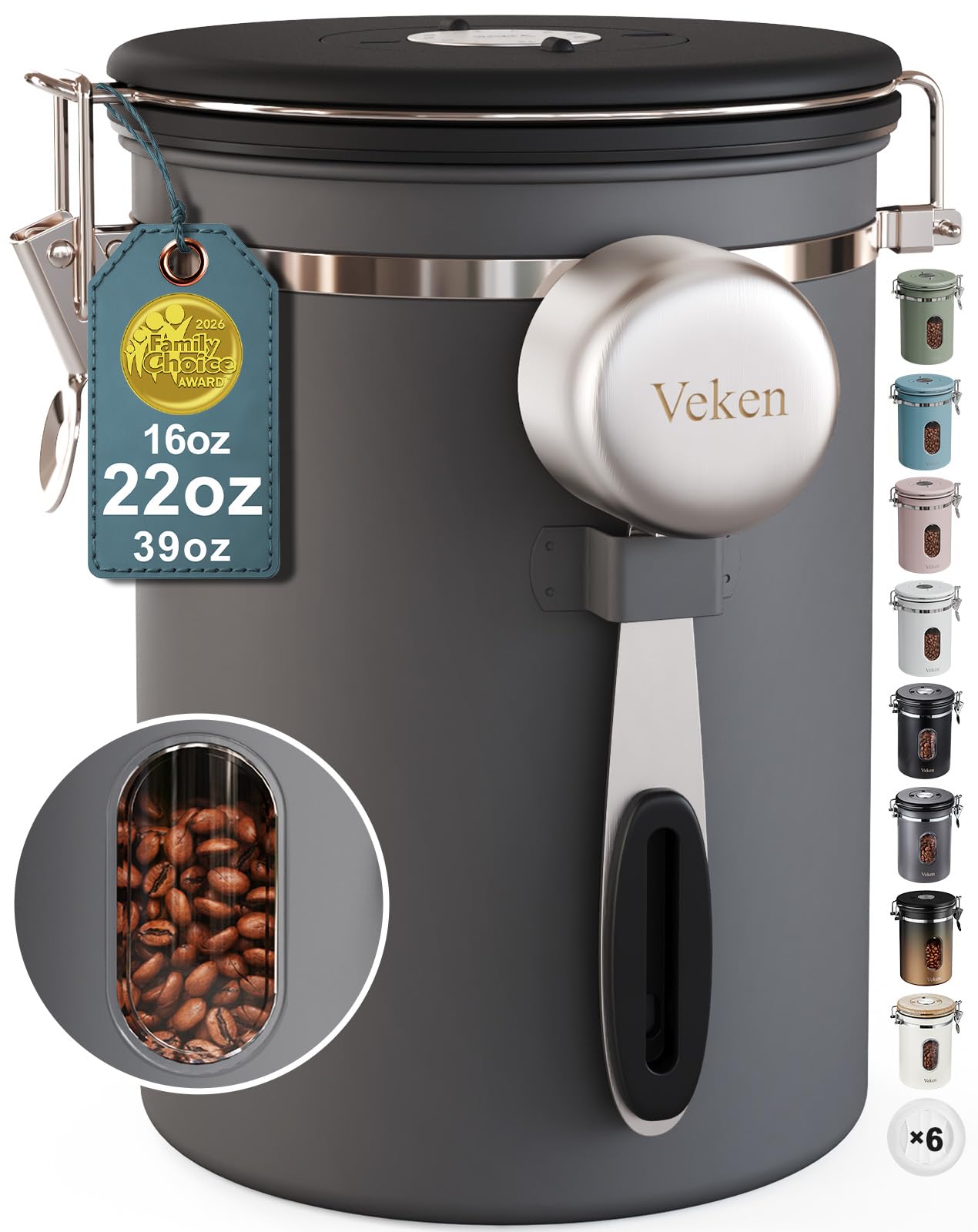Veken Coffee Canister with Window,Airtight Stainless Steel Kitchen Food Storage Container, Date Tracker & Scoop for Grounds Coffee, Beans, Tea, Flour, Cereal,Sugar,22OZ,Grey