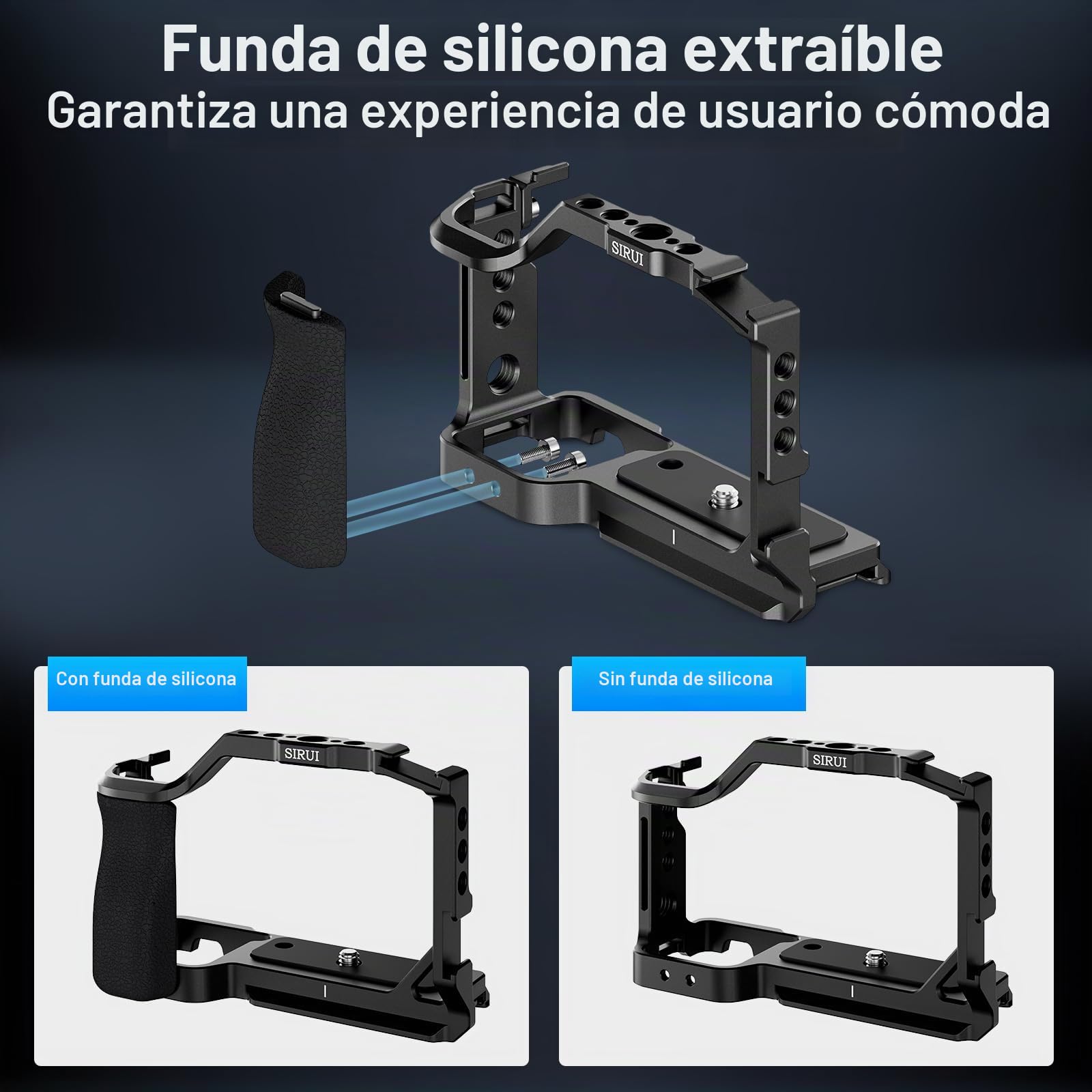 SIRUI ZV-E10 Cage Jaula para Cámara con Agarre de Silicona Extraíble y Placa de Liberación Rápida Incorporada para Arca, con Agujeros Roscados de 1/4"y 3/8" para Sony ZV-E10 - SC-ZV-E10