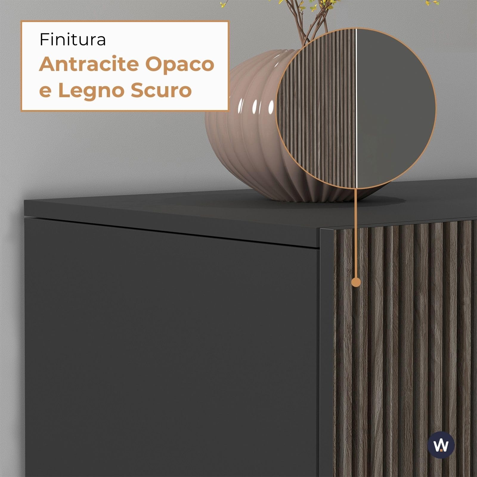 WHOUS Mobile Porta TV COSTE per Soggiorno con 4 Ante e 1 Cassetto, Mobile Tv in Stile Canneté per Salotto in Legno, 220,1x43x46 cm, Antracite Opaco e Legno Scuro