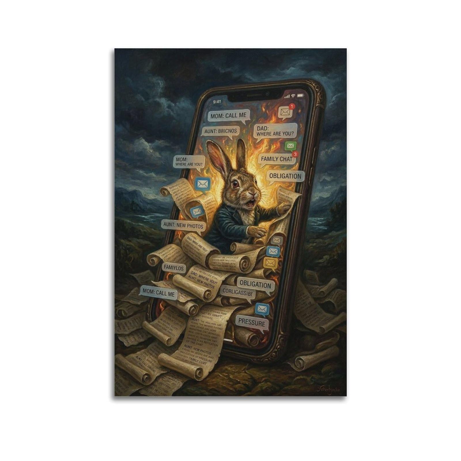 XKUGA Surreal Vintage Animal Poster Rabbit Notification Chaos Modern Decorative Canvas Prints - Ideal Wall Art for Family, Man Cave, Game Room, Boys & Girls Bedroom 24x36inch(60x90cm)