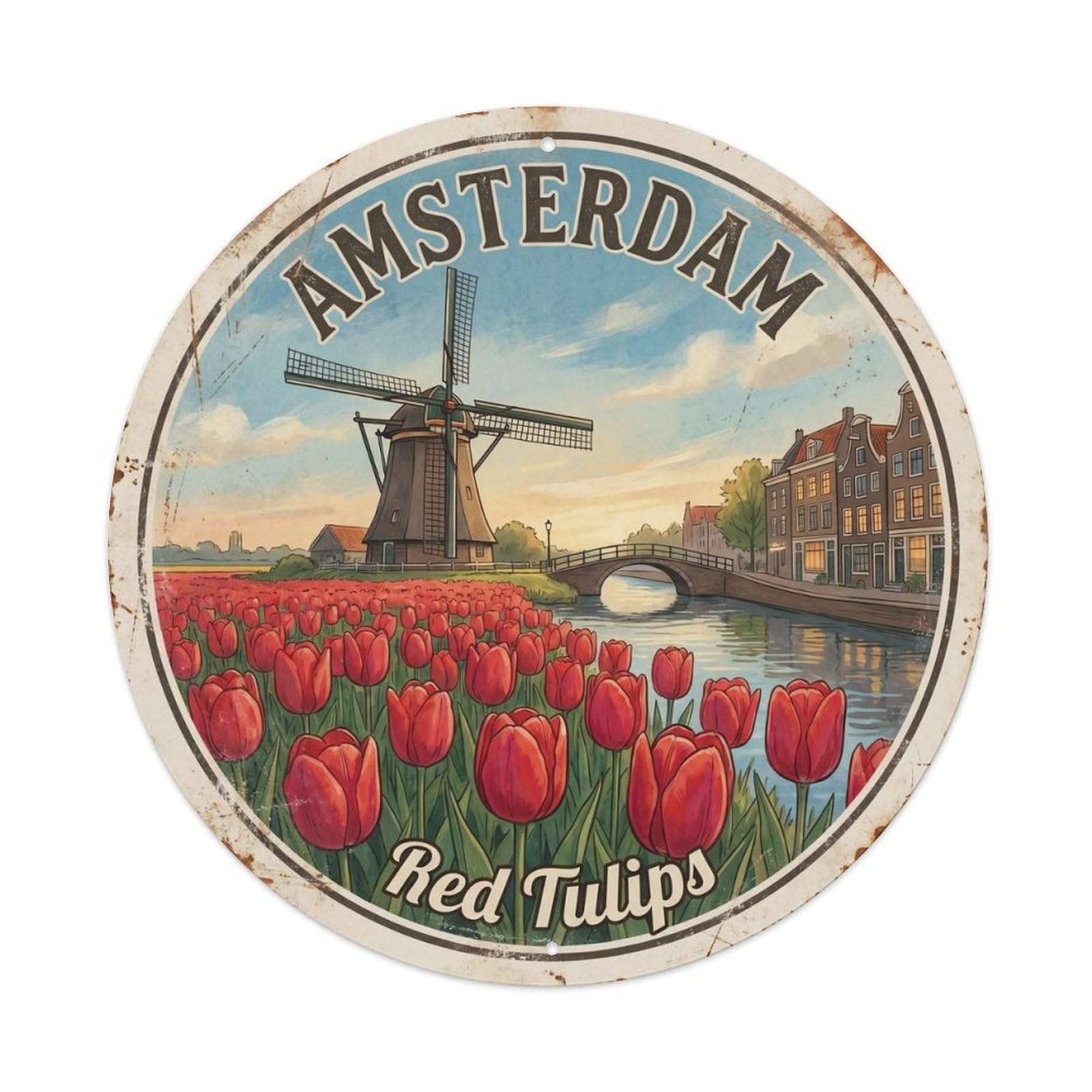 Vintage Travel Amsterdam Red Tulips Metal Tin Sign Plaque