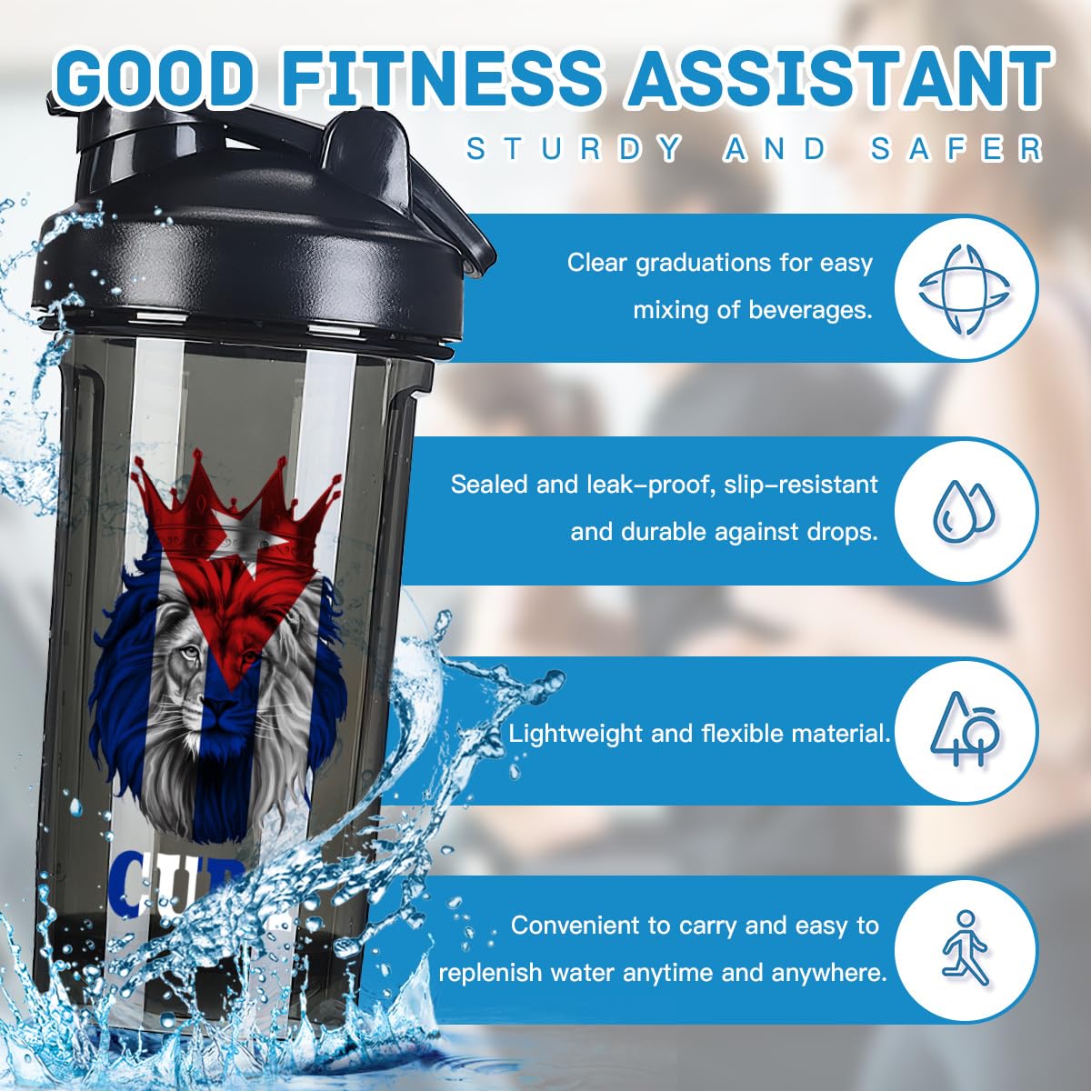 King Lion Cuba Flag 18 Ounce Shaker Bottle Drink Mixer Leak-proof Pre Workout Protein Shakes Meal Replacement Shakes Bottles 500ML/18 Oz Black