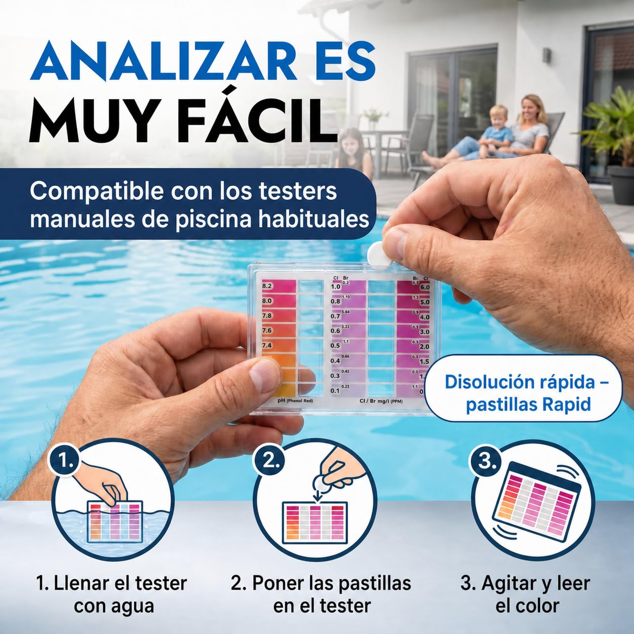 Recambio 200 pastillas reactivas para tester de piscina | 100x DPD1 + 100x Phenol Red | mide cloro libre, bromo y pH | pastillas Rapid para piscina, spa y jacuzzi | para tester manual