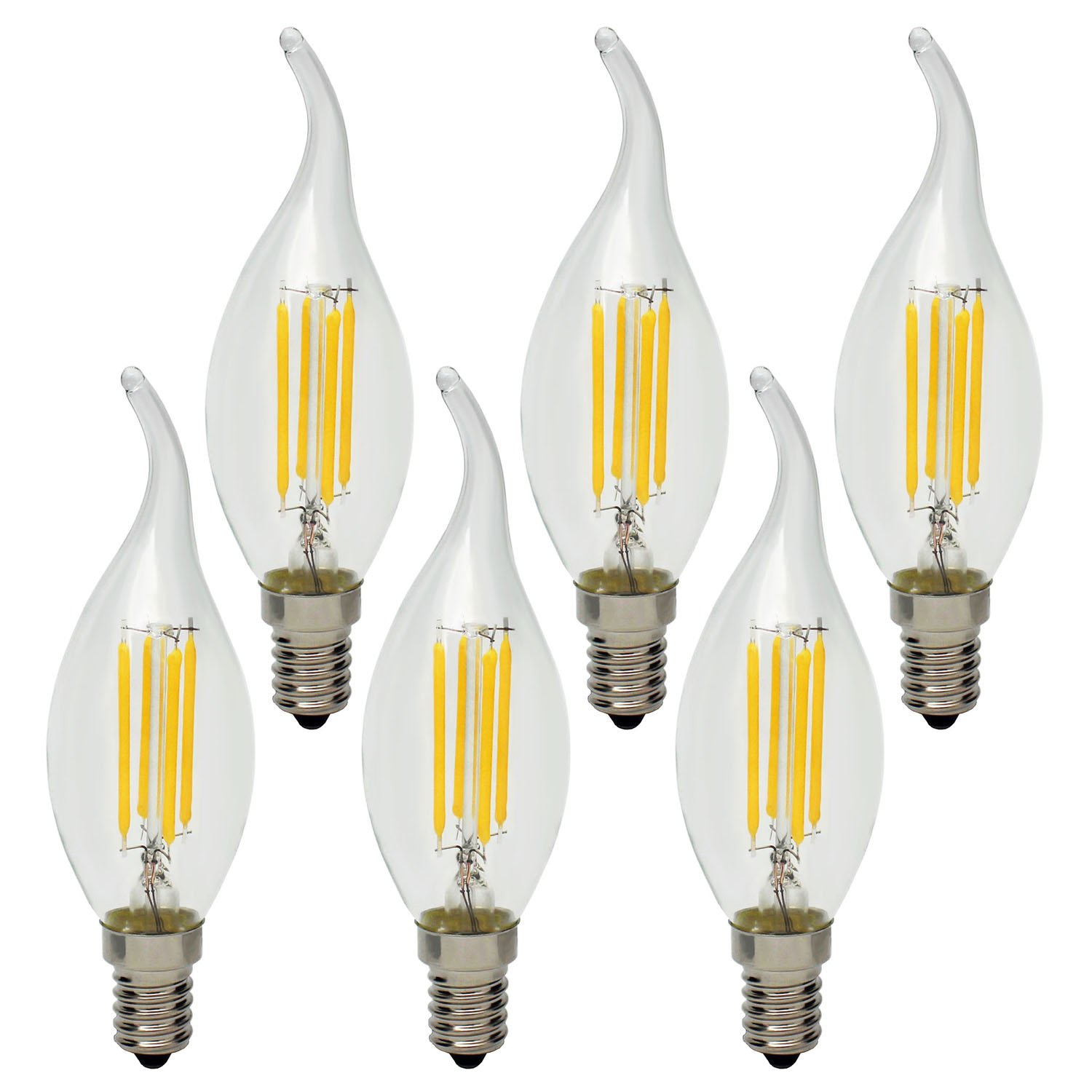 4W E14 Retro LED Filament Candle Light Bulbs Vintage Chandelier Candelabra Lamp Bulbs Lighting Not Dimmable, 2700K Warm White, 40W Incandescent Equivalent, 6 Pack