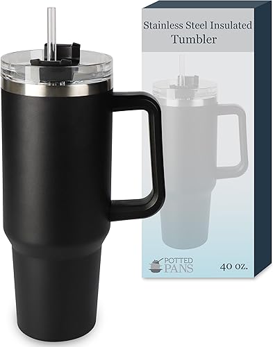 Vaso aislado con asa, vaso de viaje de acero inoxidable de 40 onzas con popote y tapa, taza de café aislada al vacío para bebidas calientes o frías,
