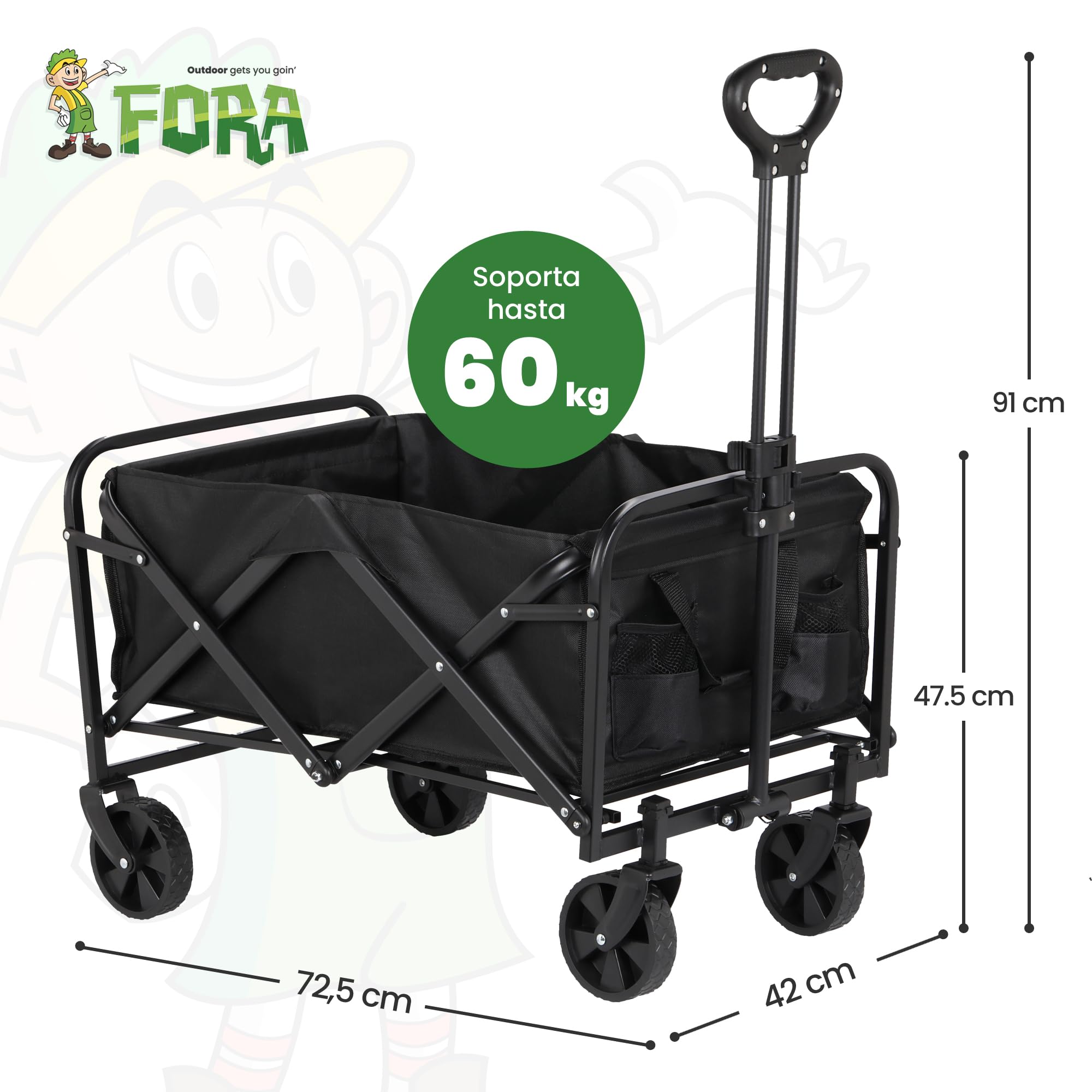 Fora Carro de Transporte Plegable con Ruedas Grandes – Carro Multiusos para Playa, Camping, Jardín y Compras | Estructura Resistente, Asa Extensible Ajustable, Tela Impermeable, Carga hasta 60 kg