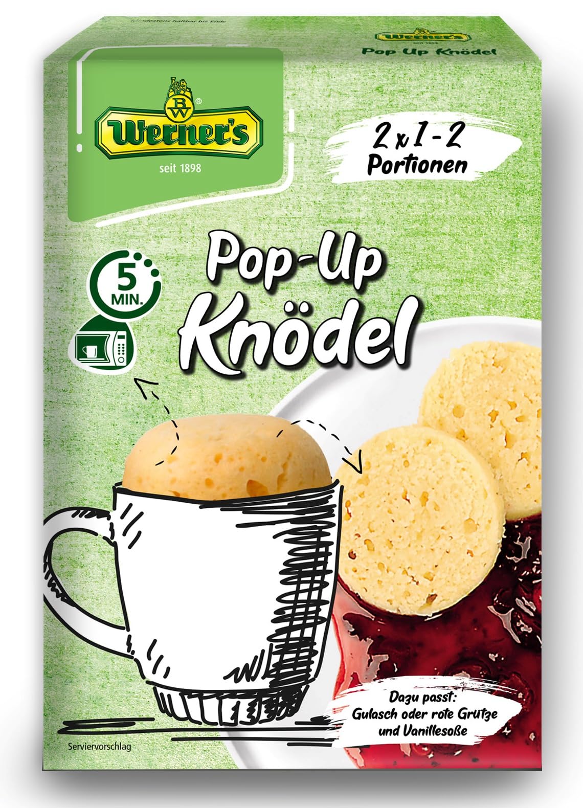 Werner's Pop Up Knödel, Tassenknödel Mikrowelle in 5 Minuten fertig 8 Packungen/Karton