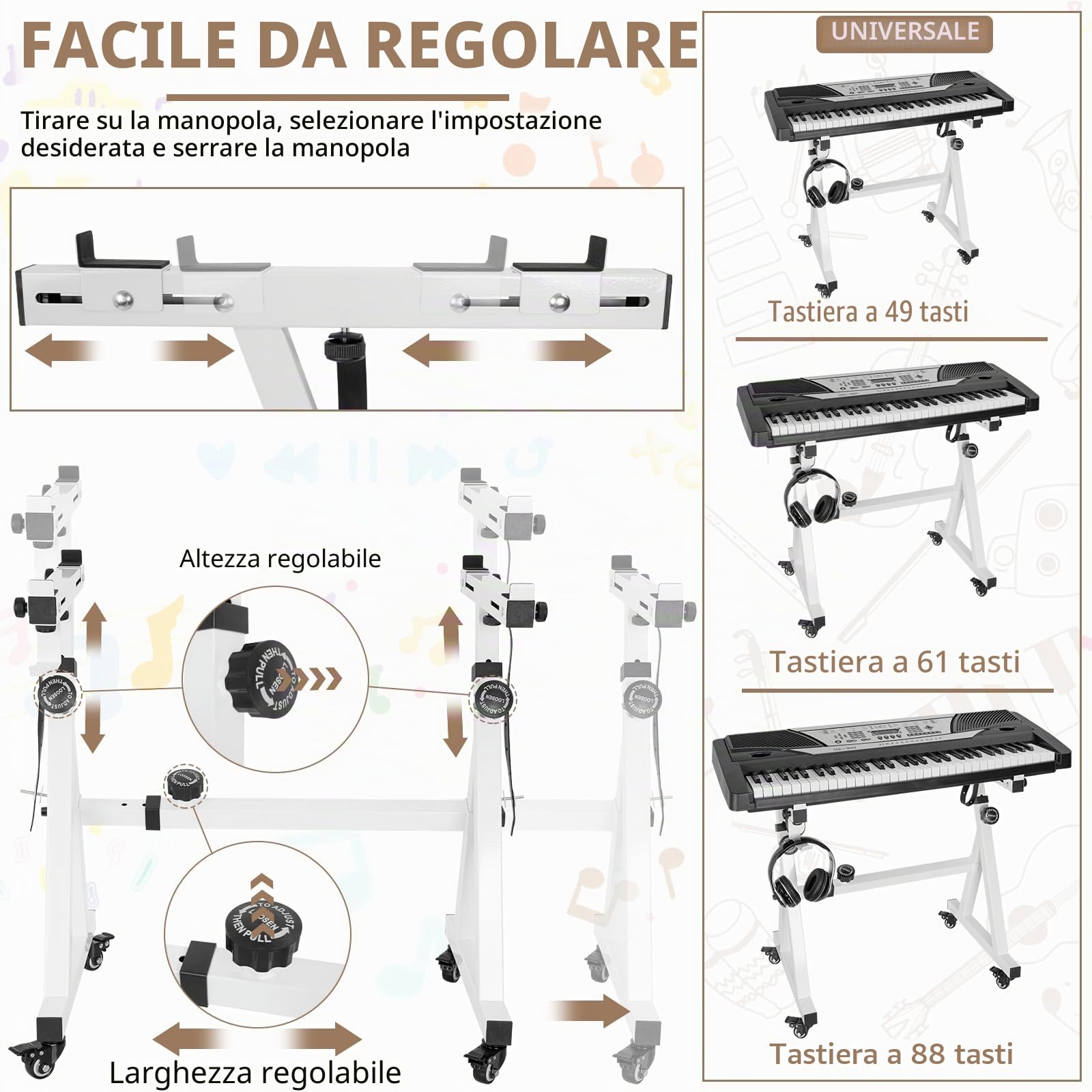 OUUTMEE Supporto per tastiera digitale, resistente, stile Z, regolabile in altezza e larghezza, con 4 ruote, adatto per pianoforti elettrici da 54 a 88 tasti, bianco