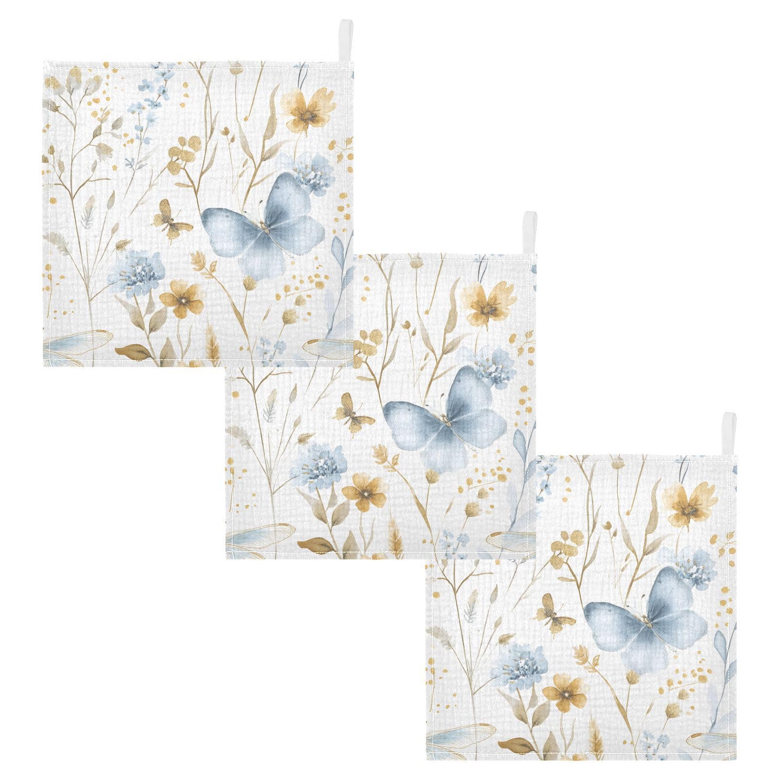 Qilmy Butterfly Leaves Baby Washcloths 3 Pack, Absorbent Soft Cotton Newborn Muslin Washcloths Face Towels, 12 x 12 Inch