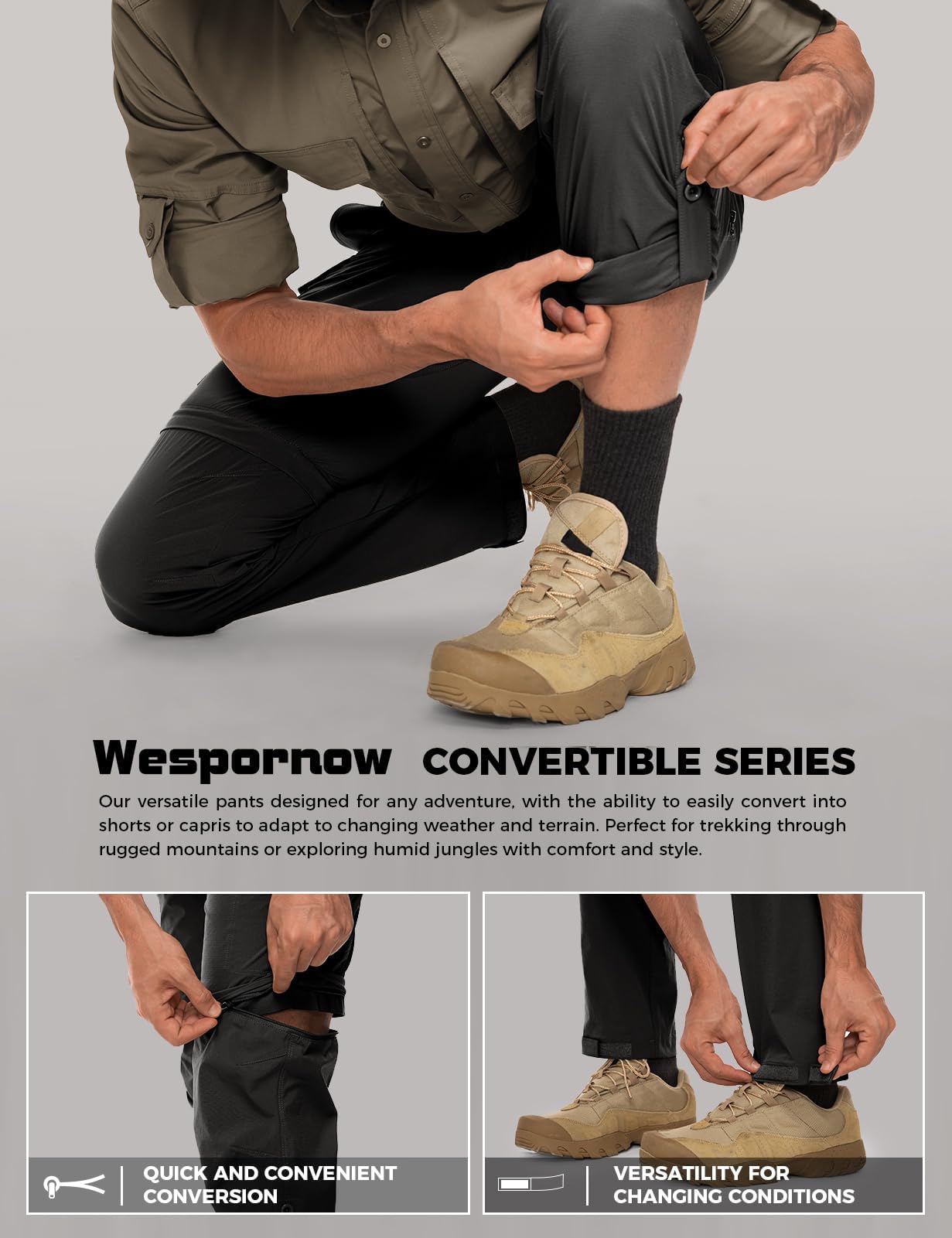 Wespornow Pantaloni da trekking da uomo, con zip, rimovibili, traspiranti, per attività all'aria aperta, ad asciugatura rapida, con 5 tasche, Nero , 5XL