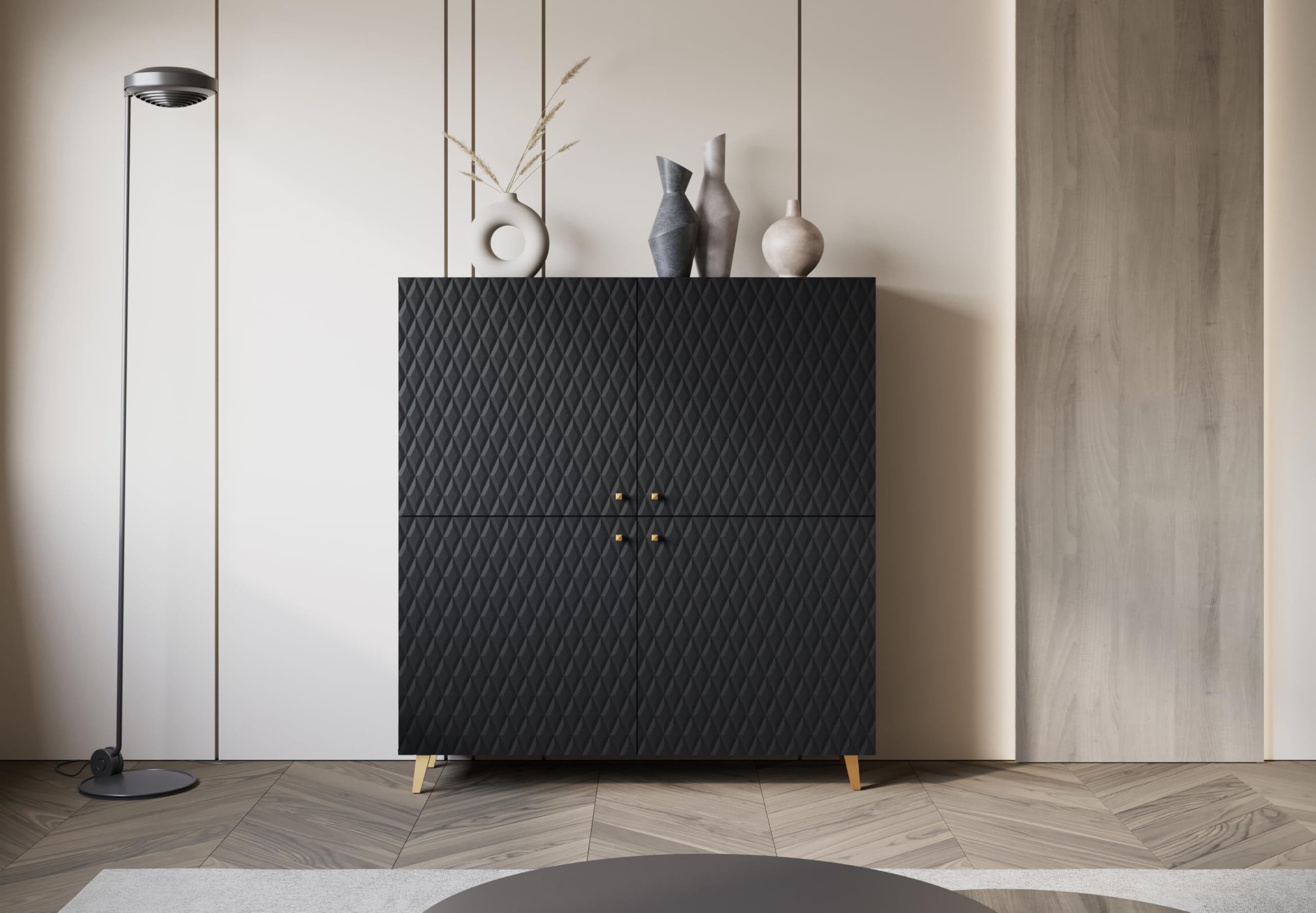 MINIO go for it – Meuble de Rangement 120 cm de Large, 4 Portes, modèle Loket sur Pied, Meuble de Salon/Sideboard – Noir Mat