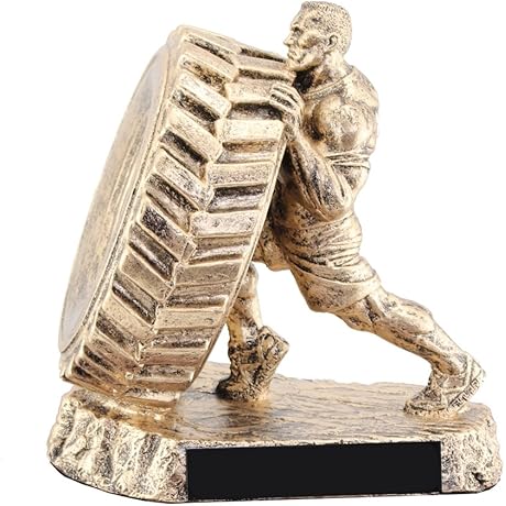 Buffed Golden Tire Flip Strongman Trophy Figurine: Champion Crossfit Sculpture Award