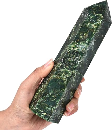AMOYSTONE Torre de cuarzo esmeralda grande de cristal curativo verde punta 6 piedra de meditación Reiki facetada 2.2-2.6 libras