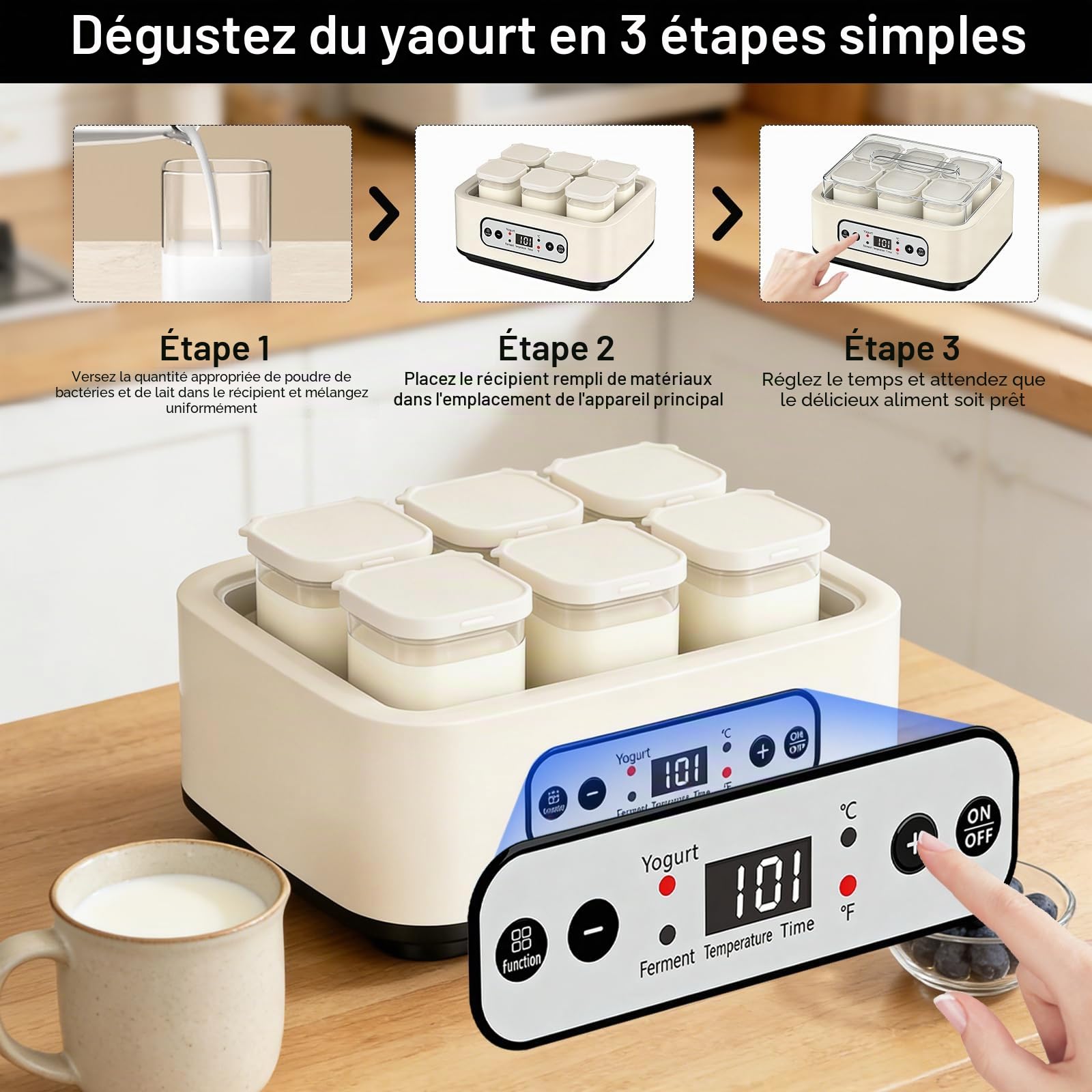 Yaourtière, Yaourtiere 1,6 L avec 6 Pots de 250 ml Yaourtière Électrique avec Minuterie Réglable de 1 à 99 Heures Contrôle de la Température de 21 à 48 °C et Écran LCD pour Yaourt Natto et Vin de Riz