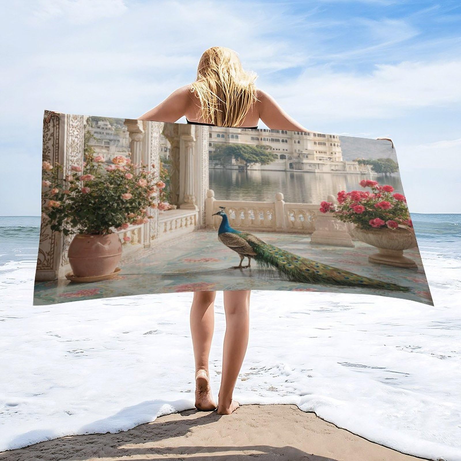 Luyysky Vintage Realistic Elegant Peacock Absorbent Beach Towel, Modern Romantic Castle Animal Peacock Plant Flowers Outdoor Single-Sided Velvet Beach Towel-80 W Cm X 160" L Cm