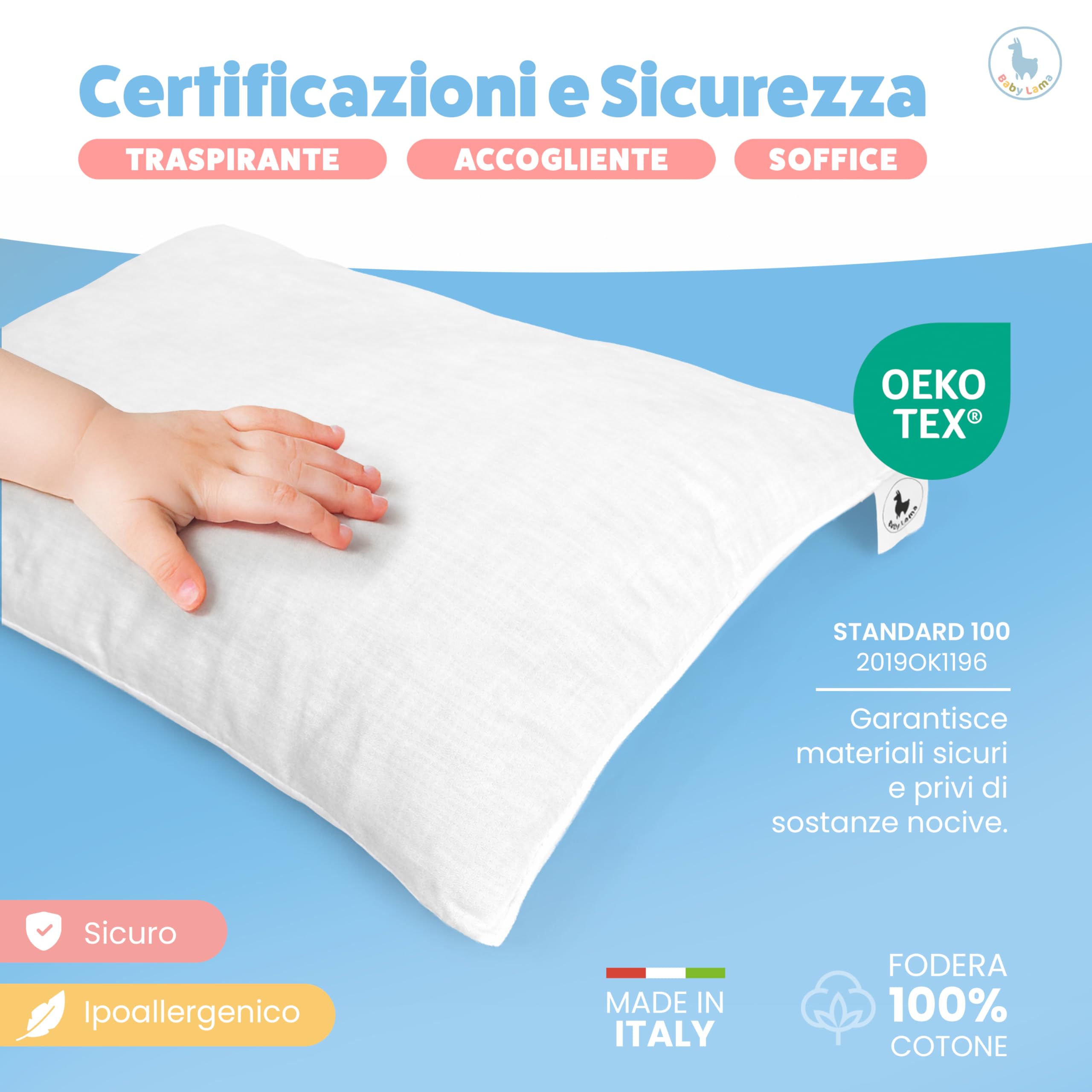 Baby Lama Cuscino Bambino 2 Anni - 6 Anni. Cuscino Lettino Bambino Basso per Dormire 40x60. Cotone 100% Oeko-Tex – Ipoallergenico, Lavabile, Antisoffoco. Made in Italy (1)