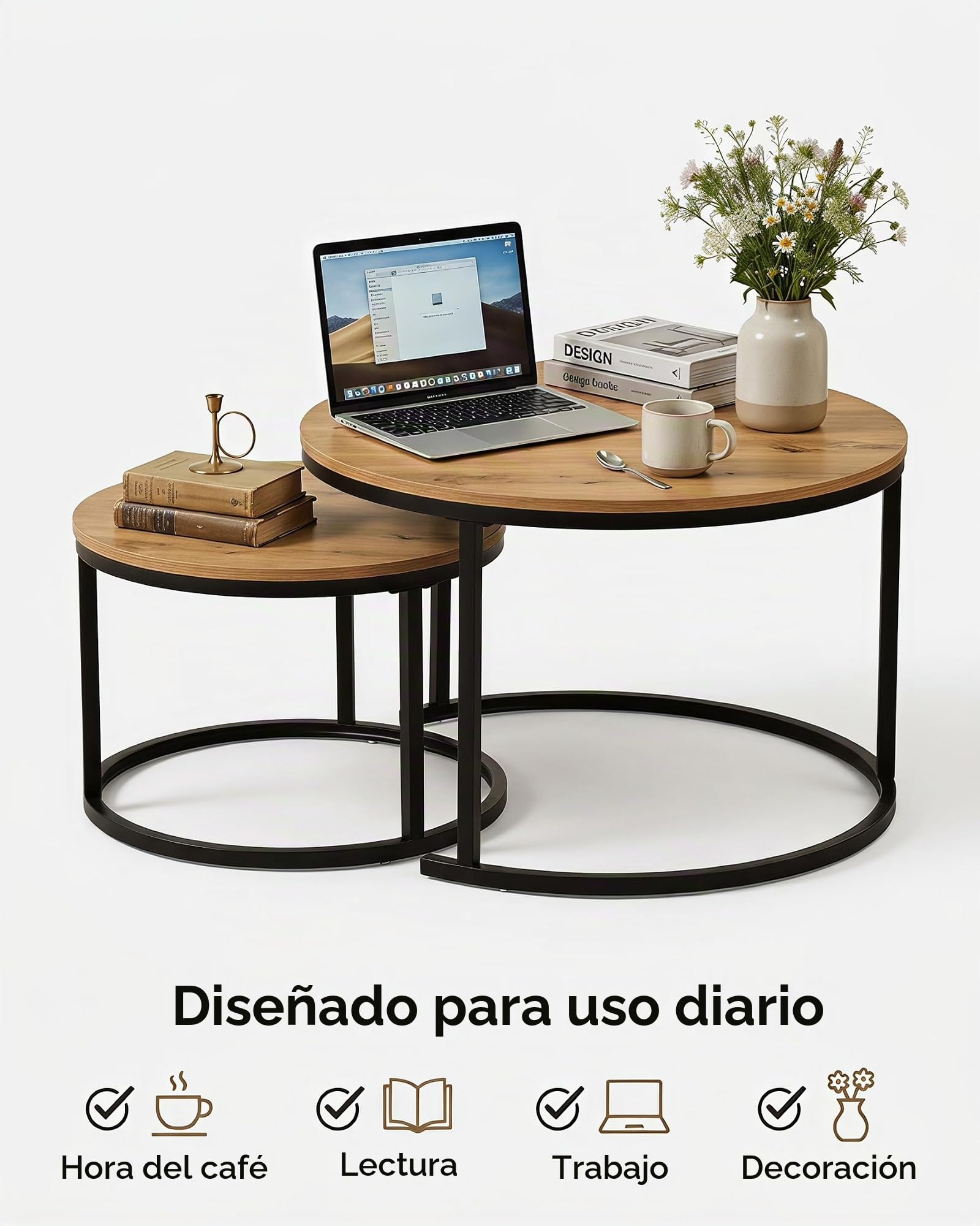 Mesa de Centro Redonda Juego de 2 Mesa Salon Madera y Metal Negro | Juego de 2 Mesa Centro Salon Efecto Madera con Estructura Metálica Negra, Muebles de Salon Coffee Table 70+50cm