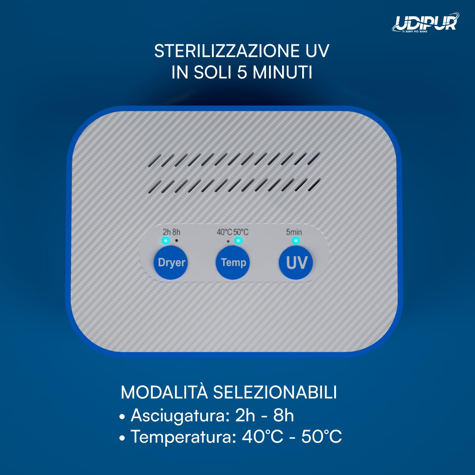 Udipur estación multifunción 3en1 con esterilización UV secado y carga para audífonos USB tipo C temperatura regulable hasta 50°C - 110x90x40mm