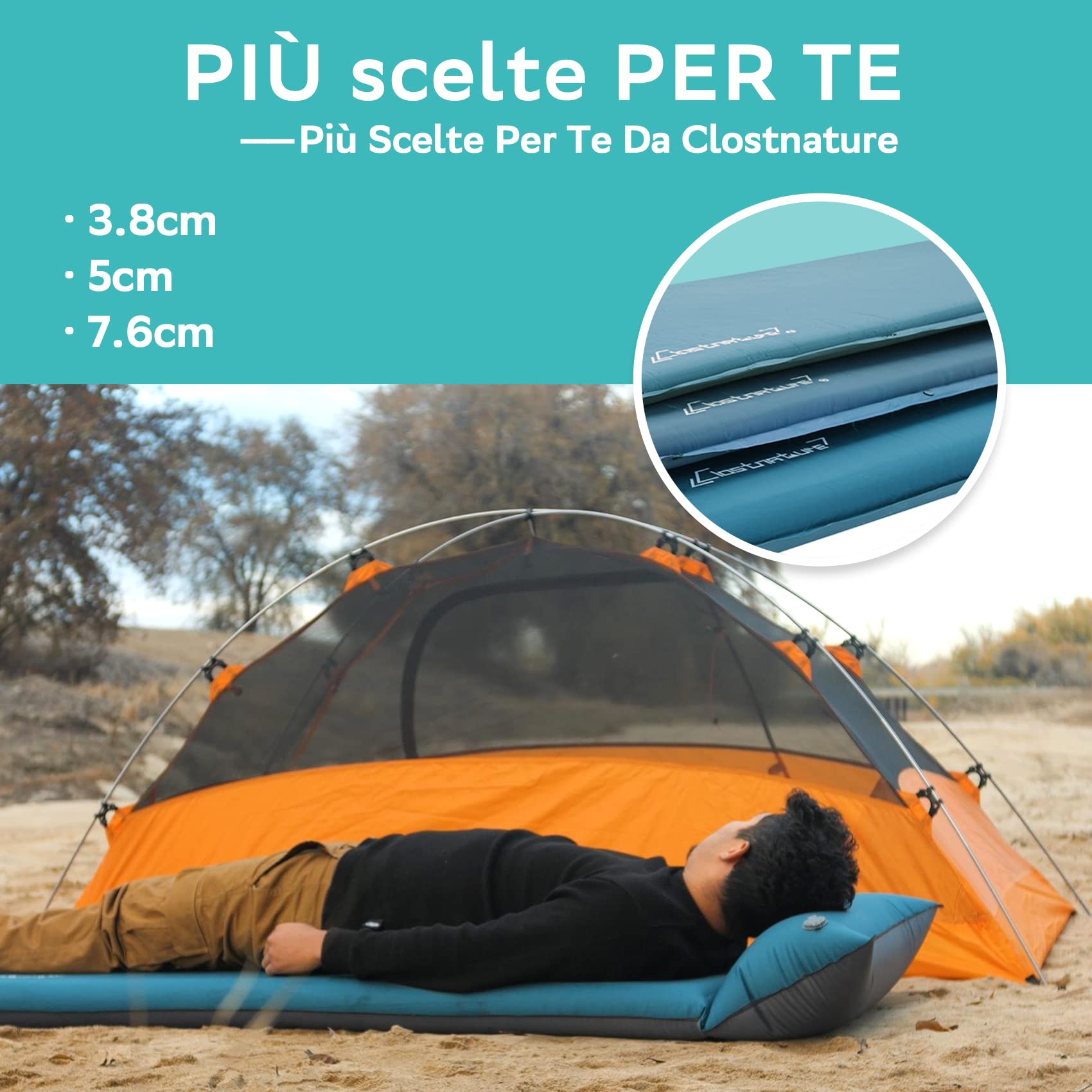 Clostnature Materassino Autogonfiabile da Campeggio - Materassino Autogonfiabile Esterno Spesso 3/5/7,6 cm con Confezione Piccola, Materassino Leggero per Sport, Escursionismo, Inverno