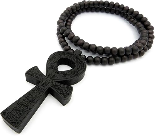 Miniatura 3 de Colgante de cruz egipcia Ankh 0.315 in 36" Collar de cuentas de madera en tono negro XJ224BK, Madera