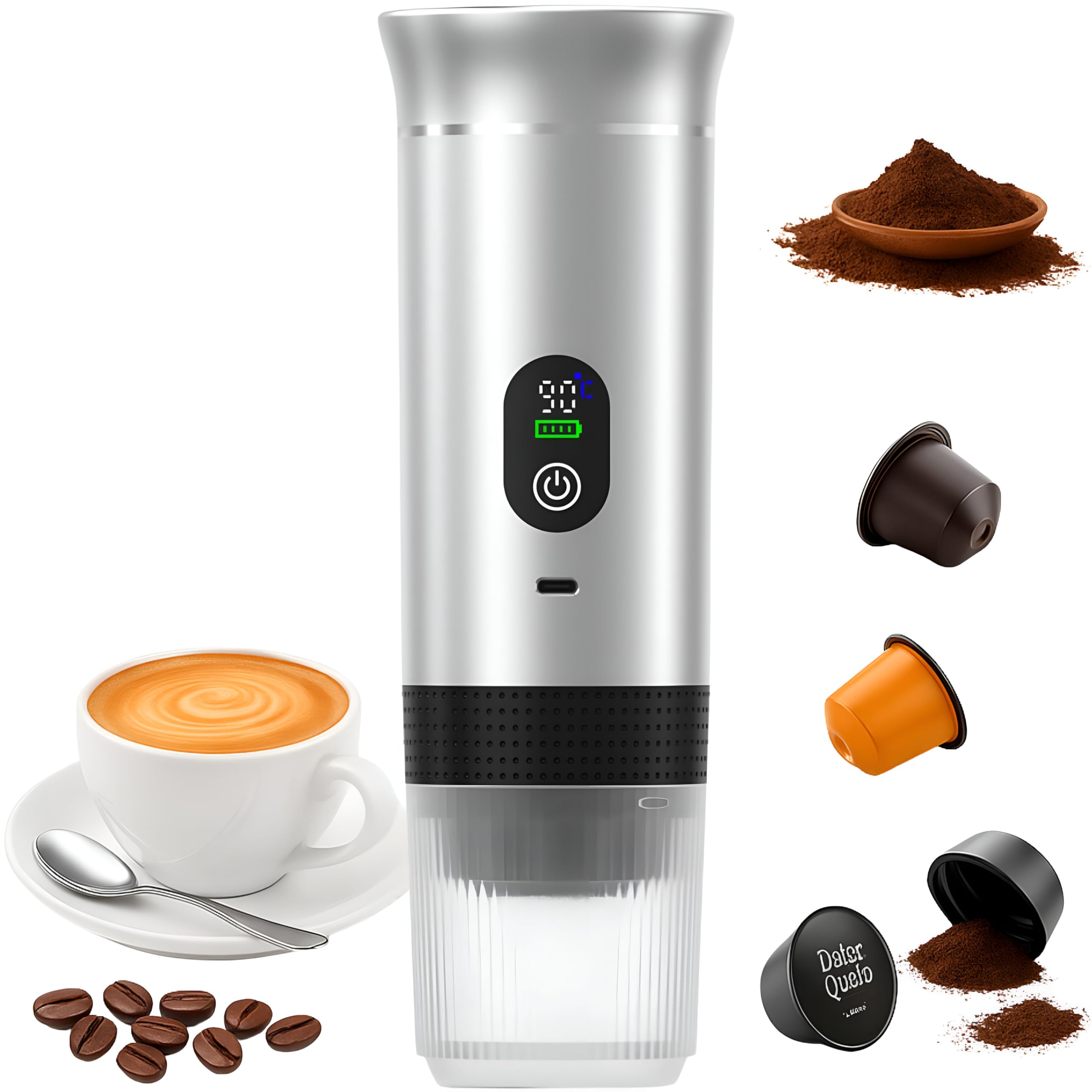 Cafetera Portatil Capsulas - Maquina Cafe Portatil Compatible con Nespresso Dolce Gusto y Cafe Molido - Versión Mejorada 2025 - Pantalla LED y Tanque 80 ml - Mini Cafetera Portátil 3 en 1 de Viaje