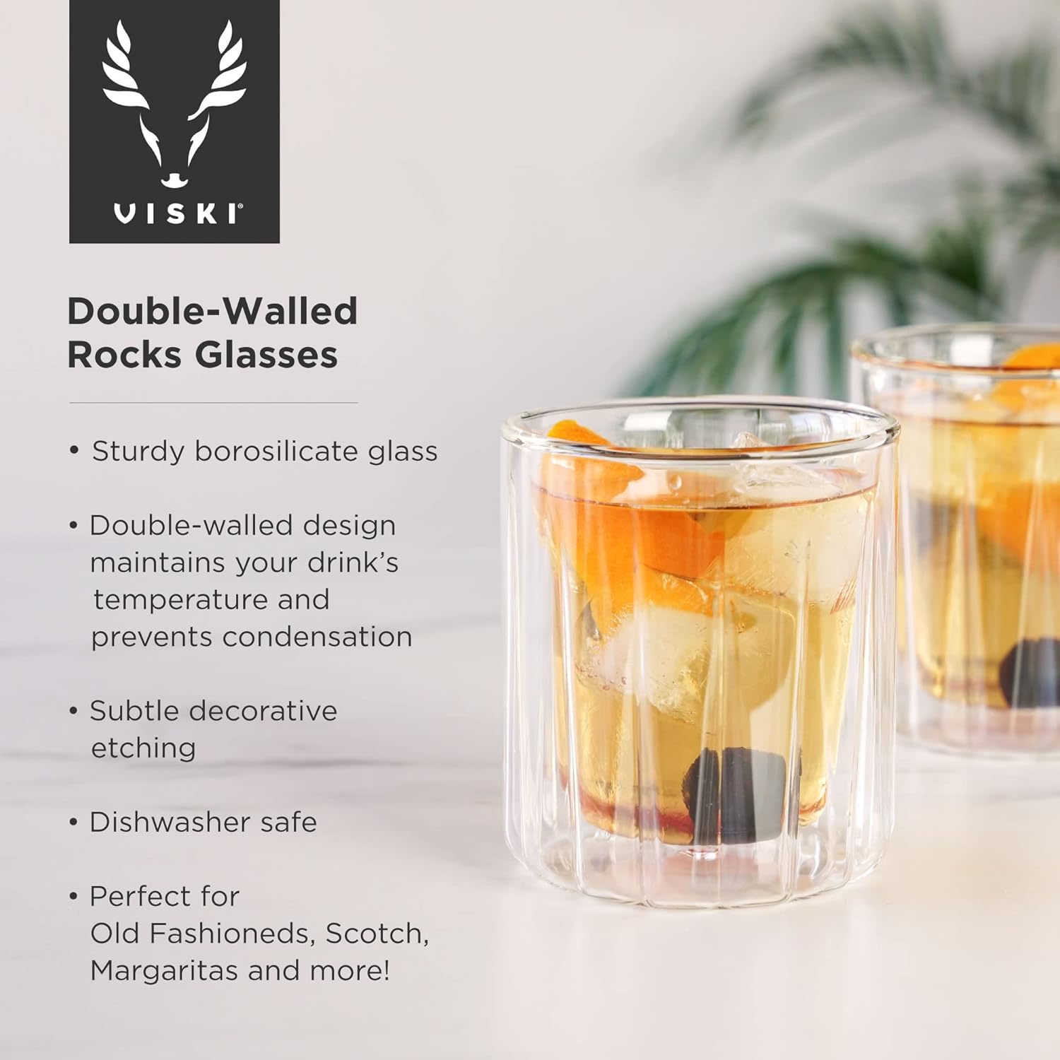 Viski Double Walled Rocks Glasses - Insulated Whiskey Tumblers with Cut Crystal Design - Dishwasher Safe 10.5oz Set of 2 - Image 2