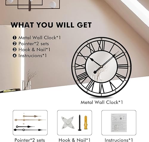 Miniatura 10 de Relojes de pared vintage de metal extra grandes, funcionan con pilas, modernos números romanos con llave, reloj de madera de 24 pulgadas, relojes de