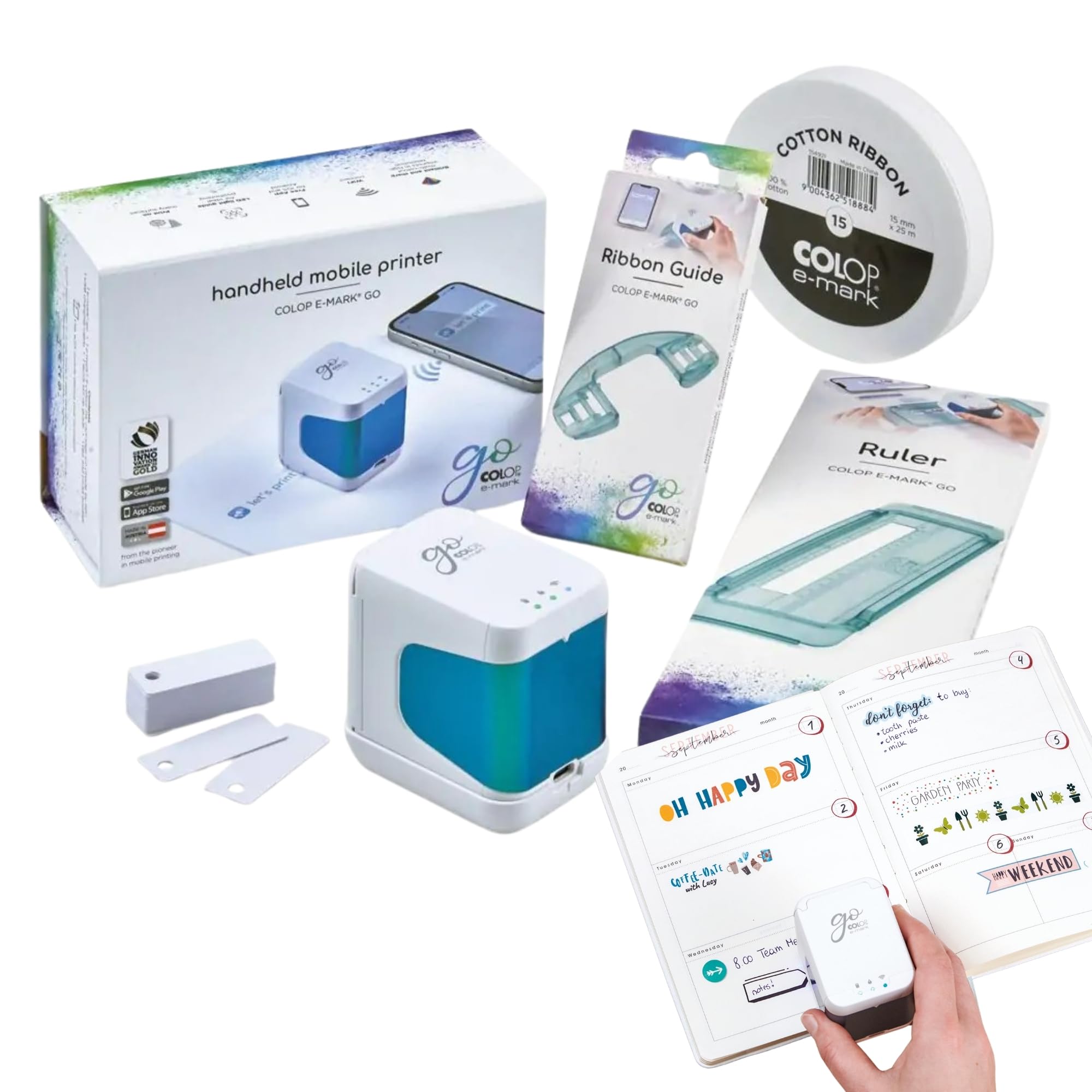 Kit Complet COLOP e-Mark go | Mini-imprimante | Couleur | DIY | Mini-imprimante portable pour surfaces absorbantes. Idéale pour le bricolage, inclut un éditeur d'application gratuit.