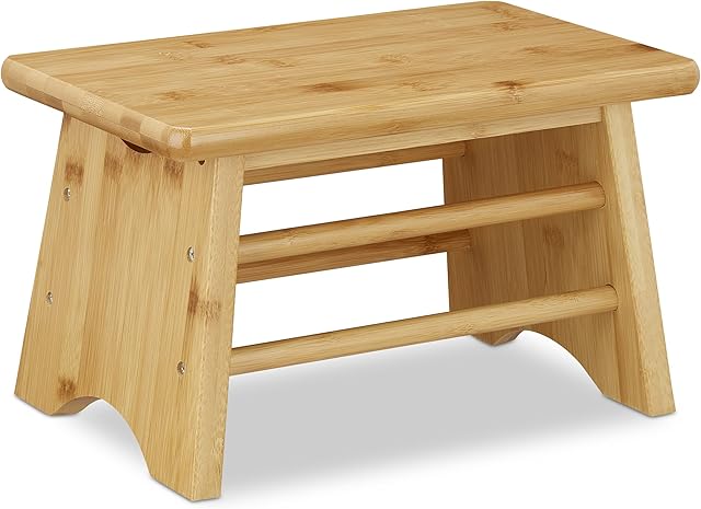 Relaxdays Bamboo Footstool up to 100 kg Sturdy Step Stool Children's Stool Bathroom Stool H x W x D: 20 x 33 x 21.5 cm Natural