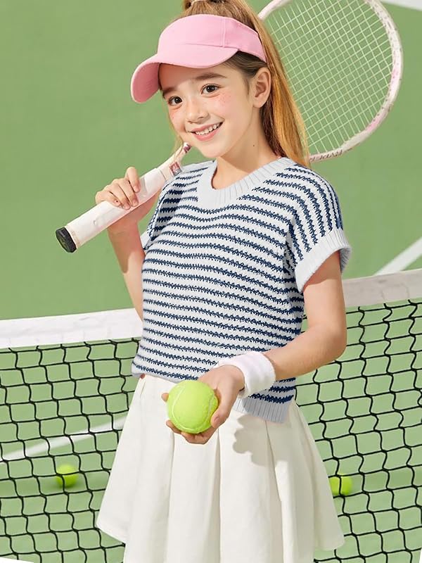 Seiciviy Girls Summer Cute Tops School Picture Day Teen Tween Sweater Vest Striped Short Sleeve Trendy Knit Vest Navy by Seiciviy - Image 3