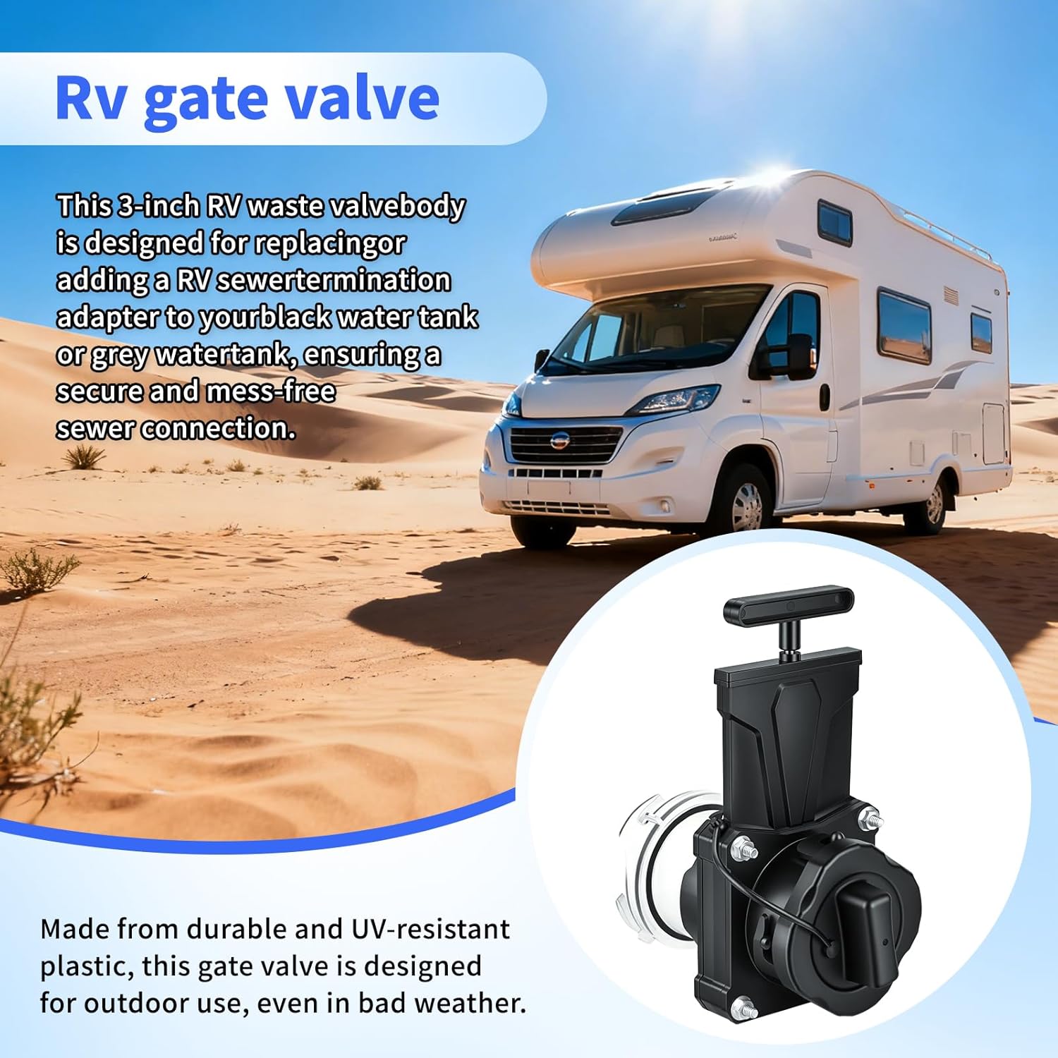 2 Pack RV Sewer Valve, Fits 3-Inch Sewer Hose Fittings for Various RV Camper and Sewer Systems, Leakproof & Durable Waste Valve With Built-in Clear Adapter Easy to View